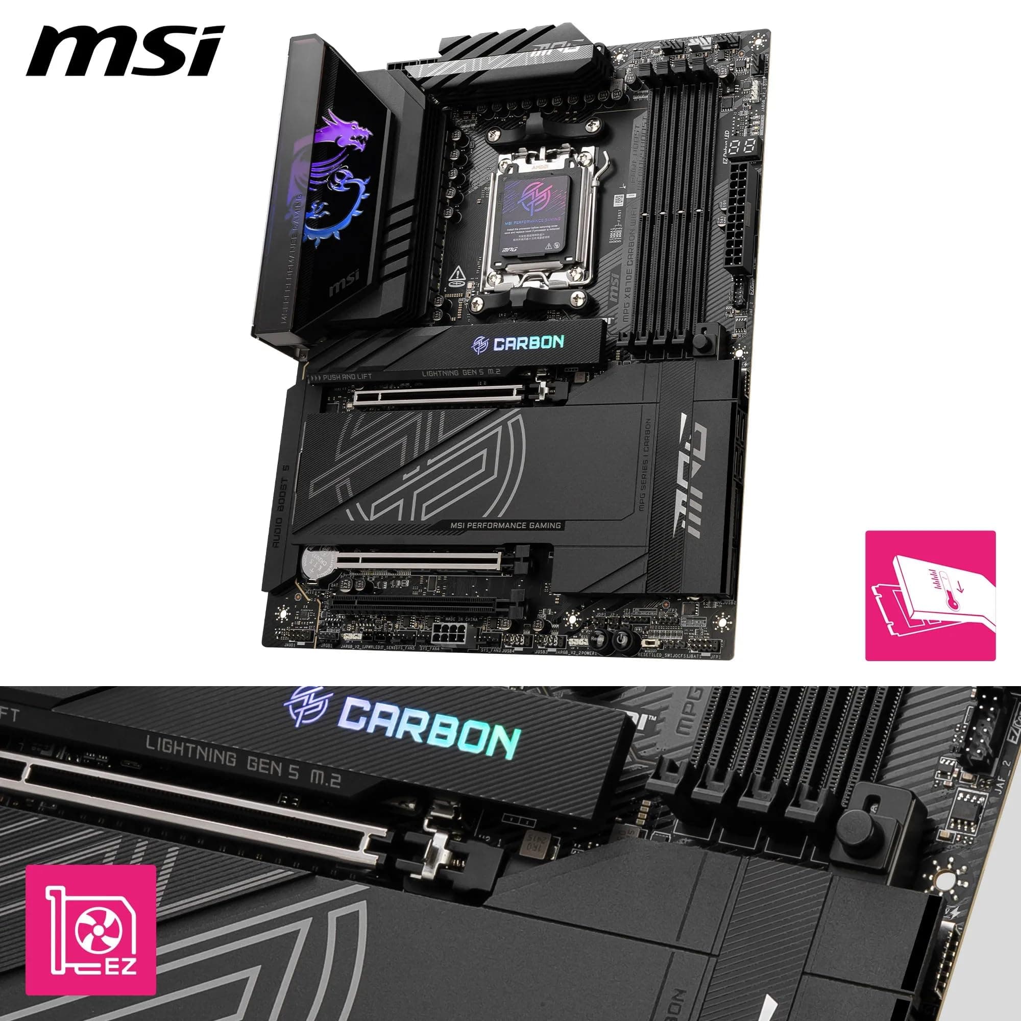 MSI MPG X870E Carbon WiFi Mainboard, ATX - Unterstützt AMD Ryzen 9000/8000/7000 Prozessoren, AM5-110A SPS VRM, DDR5 Memory Boost 8400+MT/s (OC), PCIe 5.0 x16 & 4.0 x16, M.2 Gen5, Wi-Fi 7, 5G LAN Bild 5