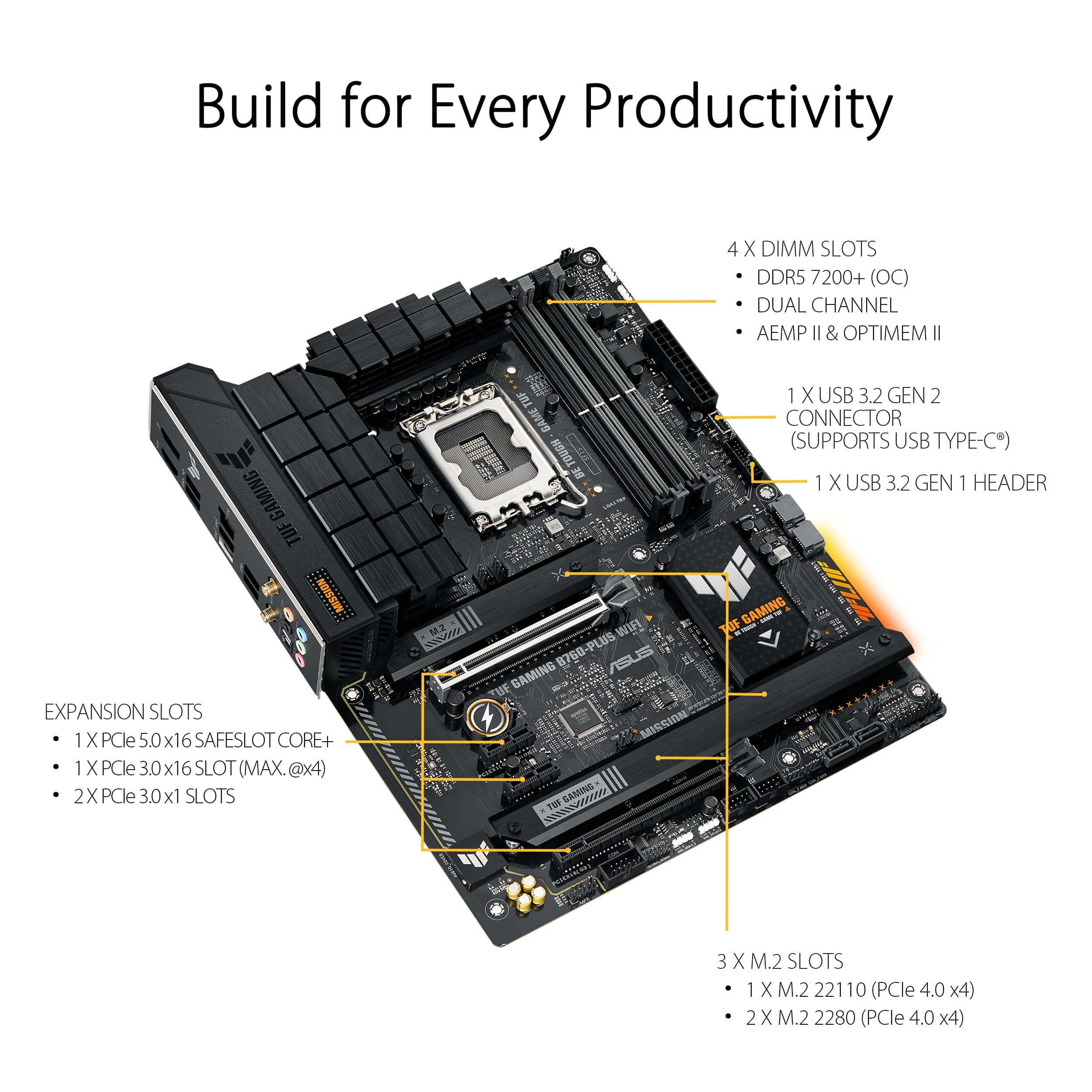 ASUS TUF GAMING B760-PLUS WIFI Motherboard ATX LGA1700-Sockel B760 Chipsatz USB 3.2 Gen 1 2 USB-C Gen2 2x2 2.5 Gigabit LAN Wi-Fi 6 Bluetooth Onboard-Grafik CPU erforderlich HD Audio 8-Kanal Bild 5