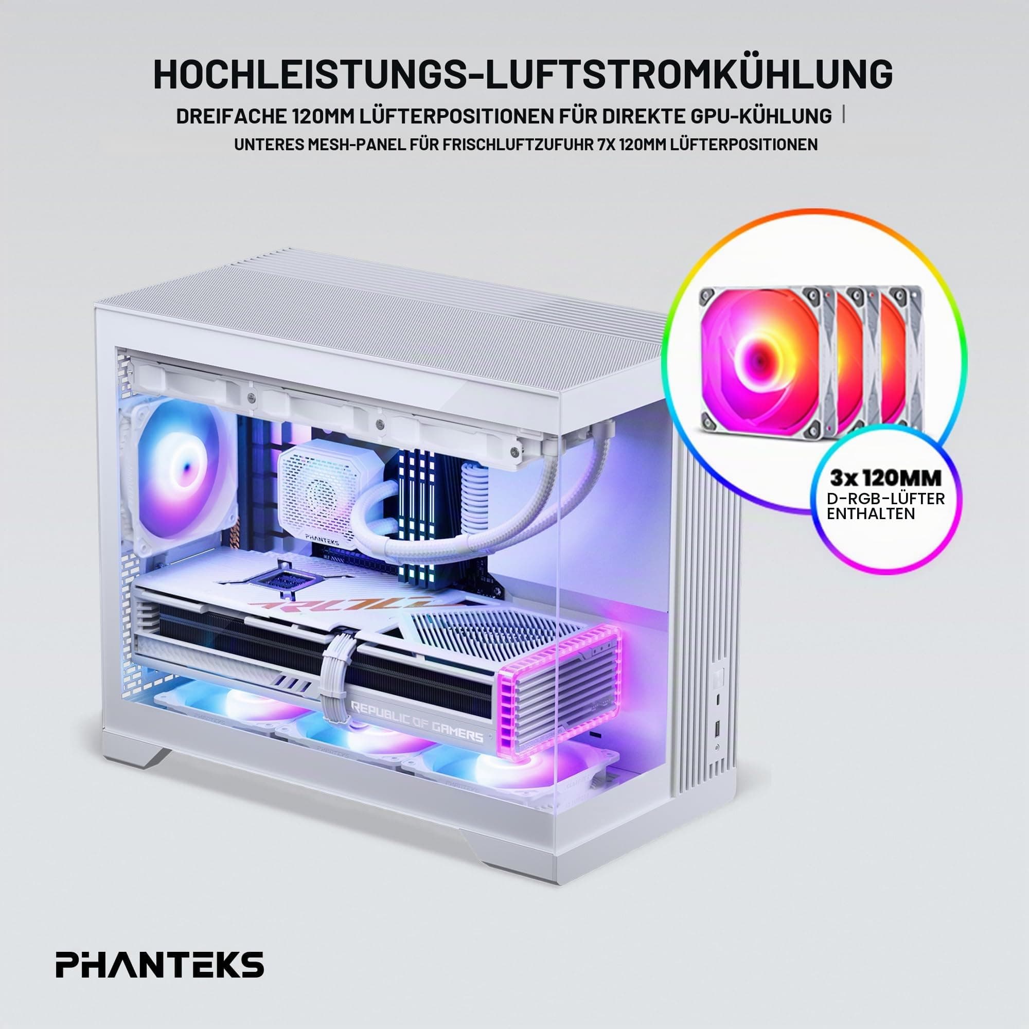 Phanteks XT V3 Mini-Tower PC-Gehäuse Weiß – Kompaktes Micro-ATX Case mit Tempered Glass, Unterstützung für 360mm Radiator & 430mm Grafikkarten – mit 3X 120mm RGB Lüftern Bild 5