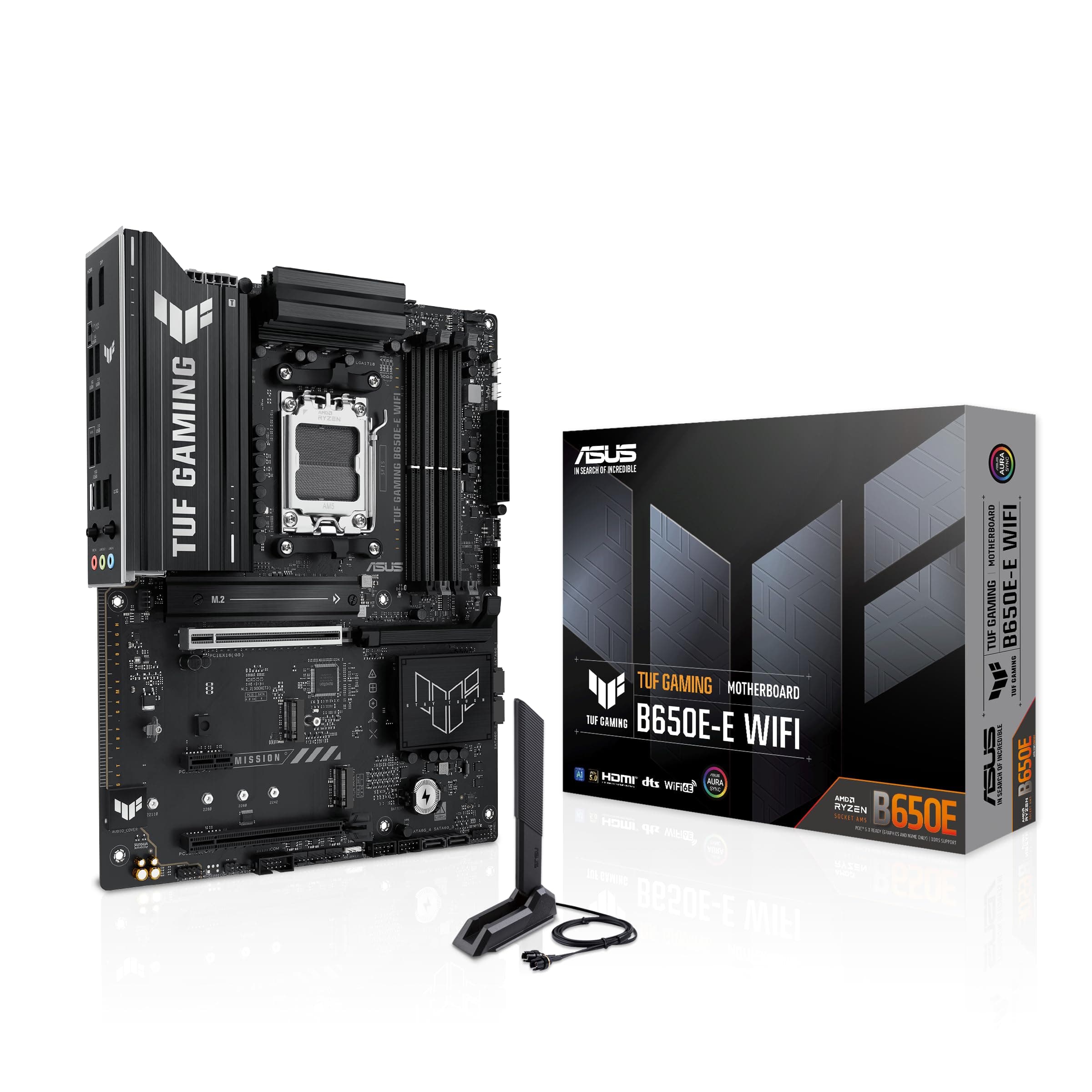 ASUS TUF Gaming B650E-E WiFi AMD AM5 B650 ATX Motherboard, 8+2+1 80A DrMOS Stage, DDR5, PCIe 5.0 Ready, 3X M.2, Wi-Fi 6E, 2.5GB LAN, DisplayPort, HDMI™, USB 20Gbps Type-C®, BIOS Flashback™, Aura Sync