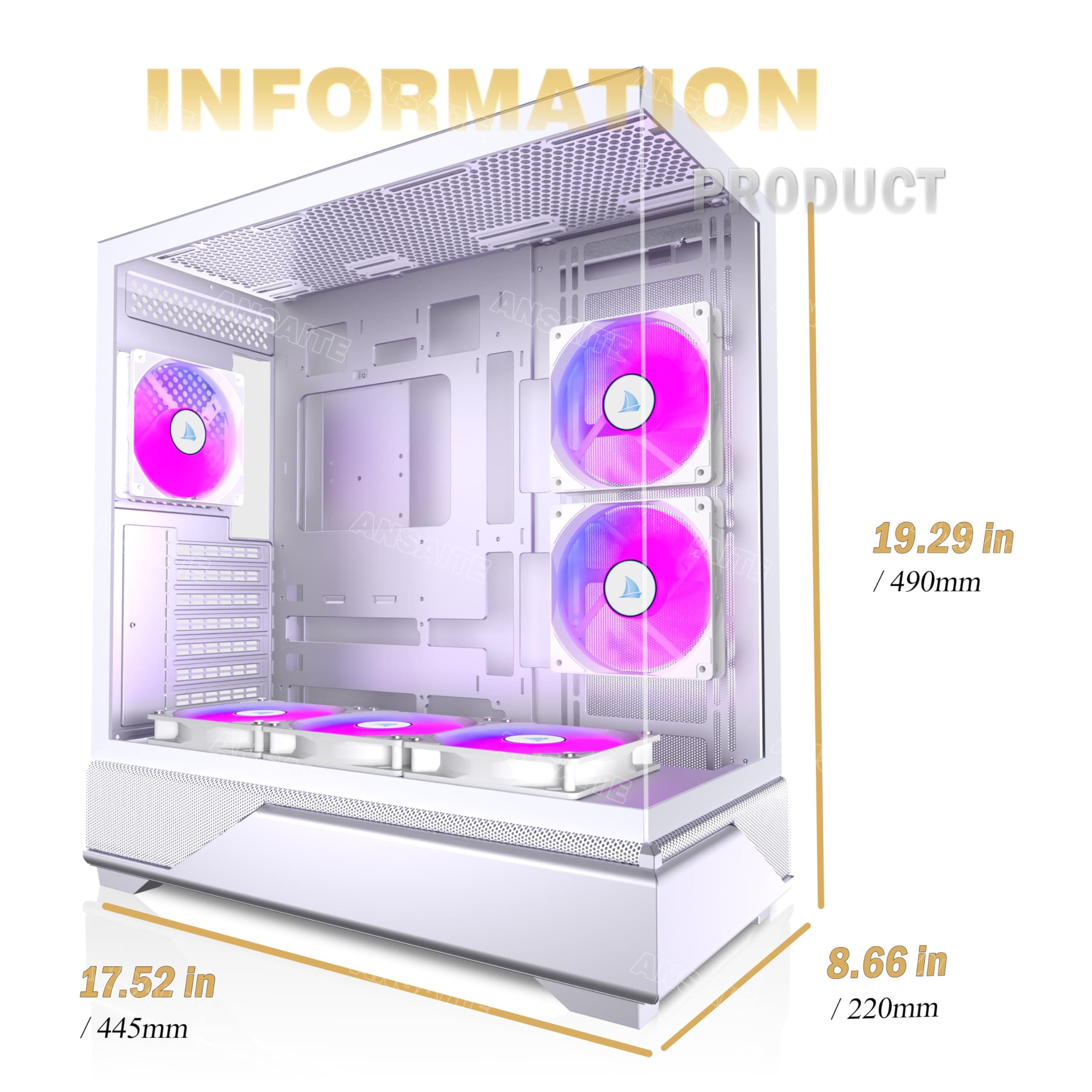 ANSAITE ATX PC-Gehäuse 6×120 mm ARGB PWM-Lüfter vorinstalliert ，Mid-Tower Gaming PC-Gehäuse, Panorama-Gehärtetes Glas Schwarz Computer-Gehäuse mit Typ-C, 360mm Radiator Unterstützung (Weiß) Bild 7
