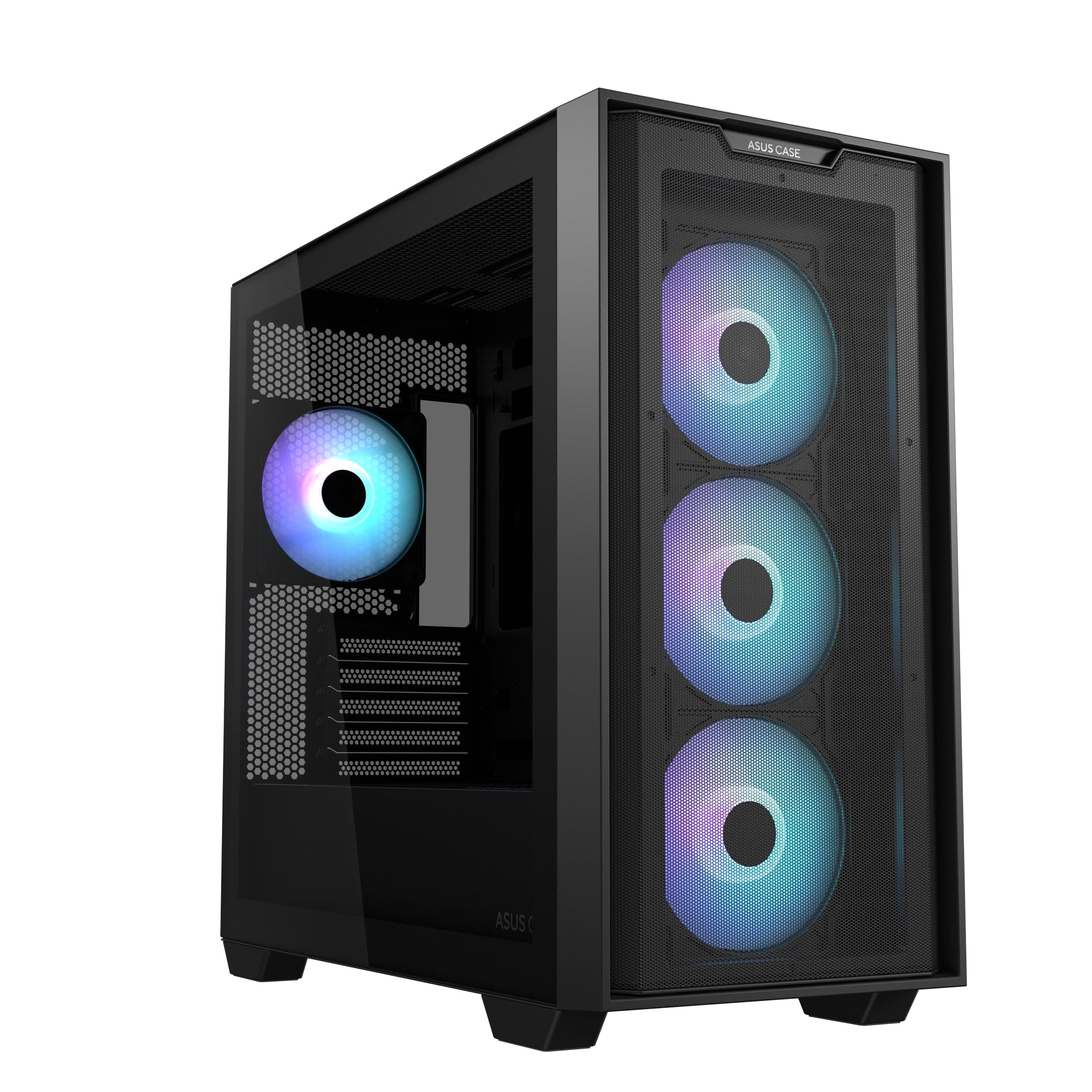 ASUS A21 Plus TG ARGB Black microATX PC Gehäuse (vorinstallierte ARGB-Lüfter, Mesh Frontpanel, kompatibel mit Mainboards mit versteckten Anschlüssen, 360-mm-Radiatoren, 380-mm-Grafikkarten, schwarz) Schwarz A21 Plus TG Bild 4