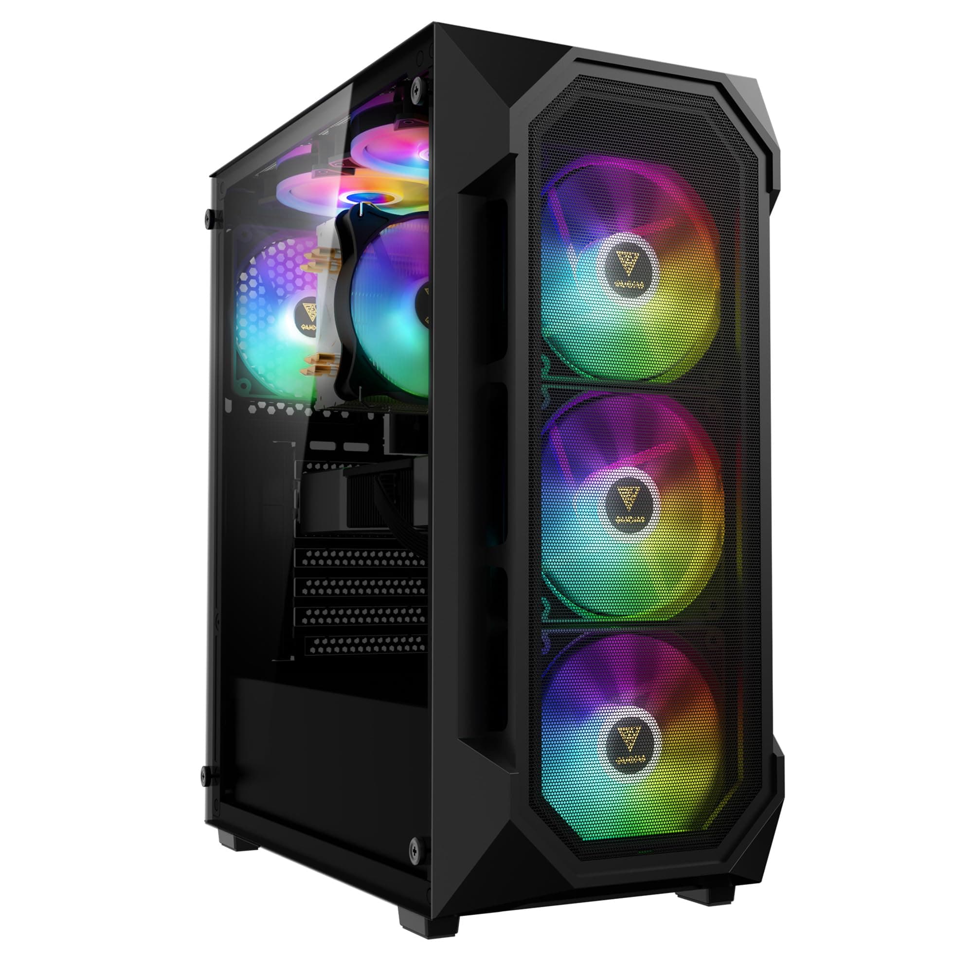 GAMDIAS Aura GC1 Elite ARGB ATX Gaming Midi-Tower PC-Gehäuse, 4 x 120 ARGB-Lüfter, High Airflow Mesh Front Panel, Werkzeuglose Installation Tempered Glass Side Panel, Motherboard Sync, Schwarz