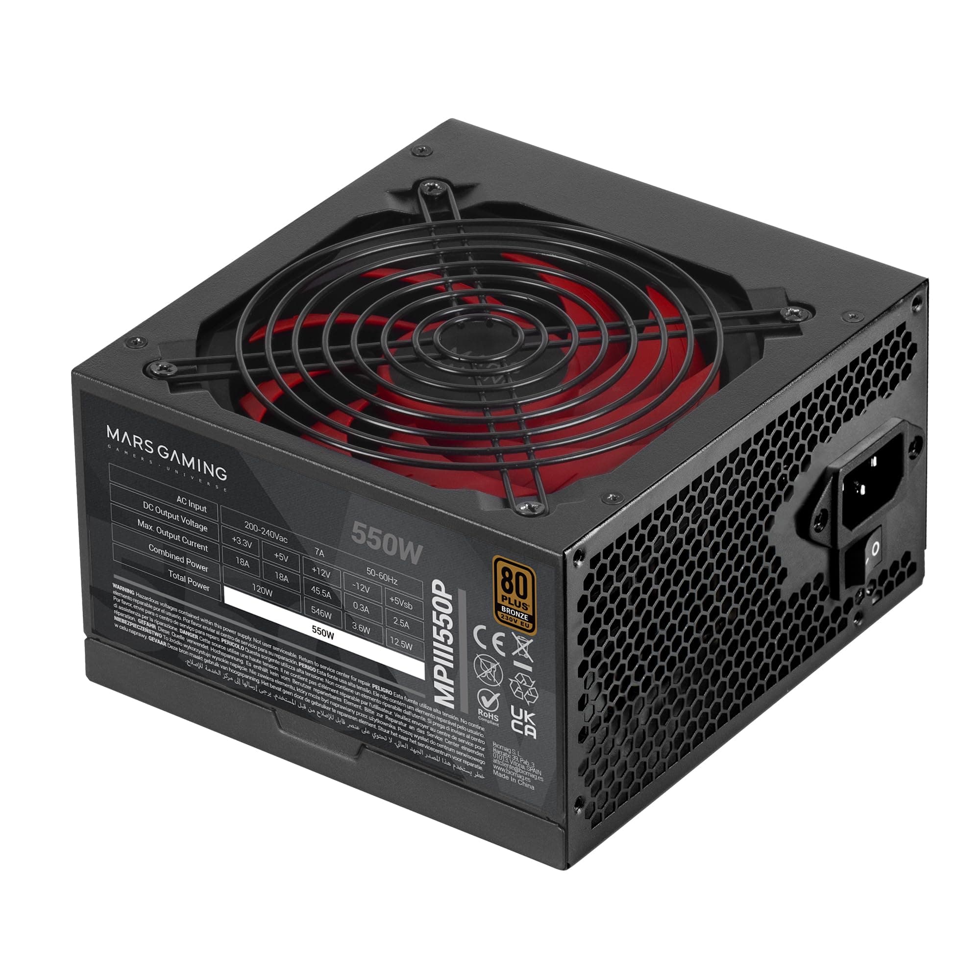 Mars Gaming MPIII550P, ATX-Netzteil 550W, 5 Jahre Garantie, APFC, 120 mm FDB-Lüfter AI-RPM, SMD-Technologien, Japanische 105º-Kondensatoren, Ummantelte Premium-Kabel, Schwarz Bild 3
