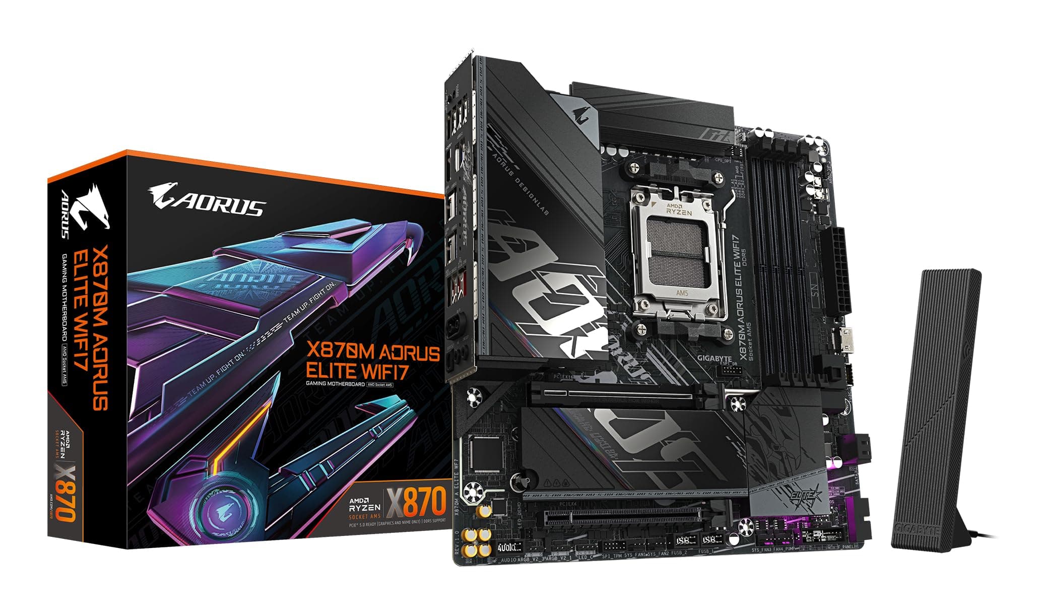GIGABYTE X870M AORUS Elite WIFI7 Mainboard – Unterstützt AMD Ryzen 9000 CPUs, Digitale 14+2+2 Phasen VRM, bis zu 8200 MHz DDR5 (OC), 1 x PCIe 5.0 + 1 x PCIe 4.0, Wi-Fi 7, 2.5 GbE LAN, USB 4 Bild 2