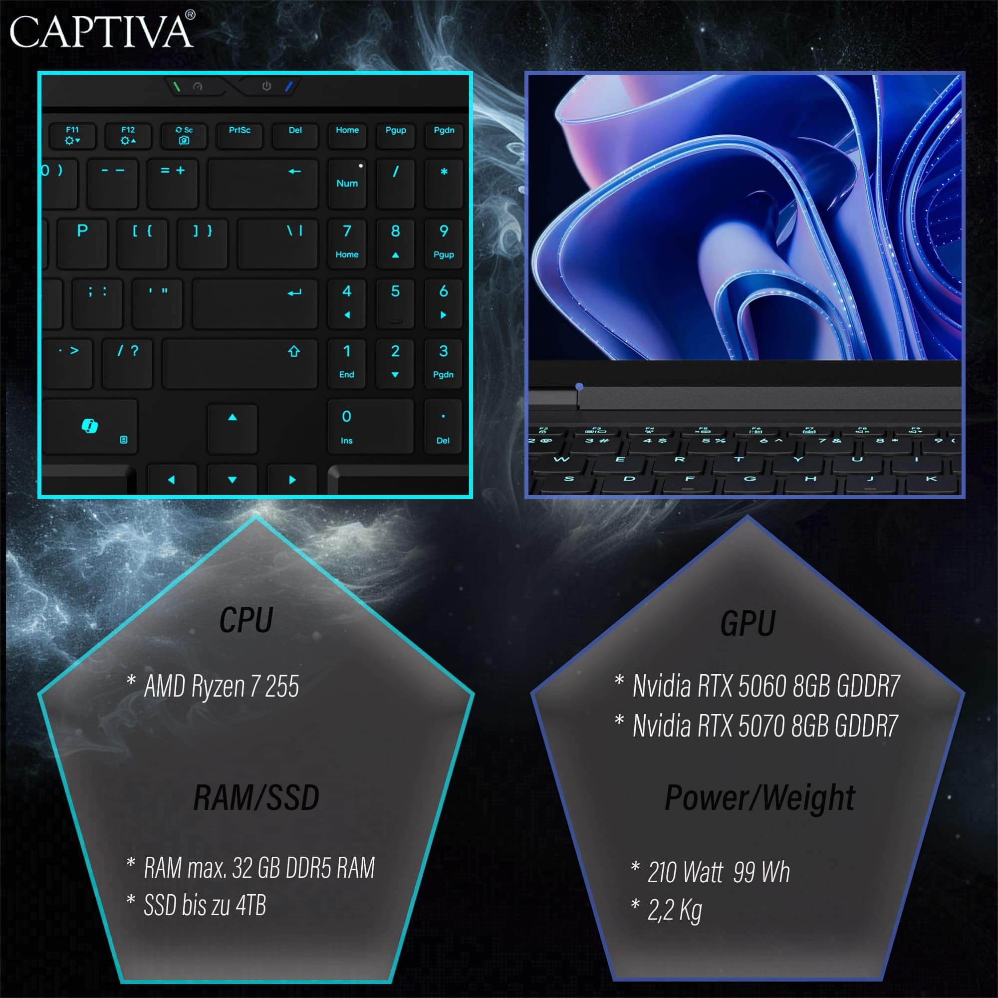 Captiva Notebook Highend Gaming R94-426GE | AMD Ryzen 7 255 | 32GB DDR5 RAM | NVIDIA GeForce RTX 5070 8GB | 1 TB SSD | 15,3 Zoll WQXGA 180Hz | ohne OS ohne Betriebssystem 15.3 Zoll 1000.0 GB 32.0 GB Bild 7