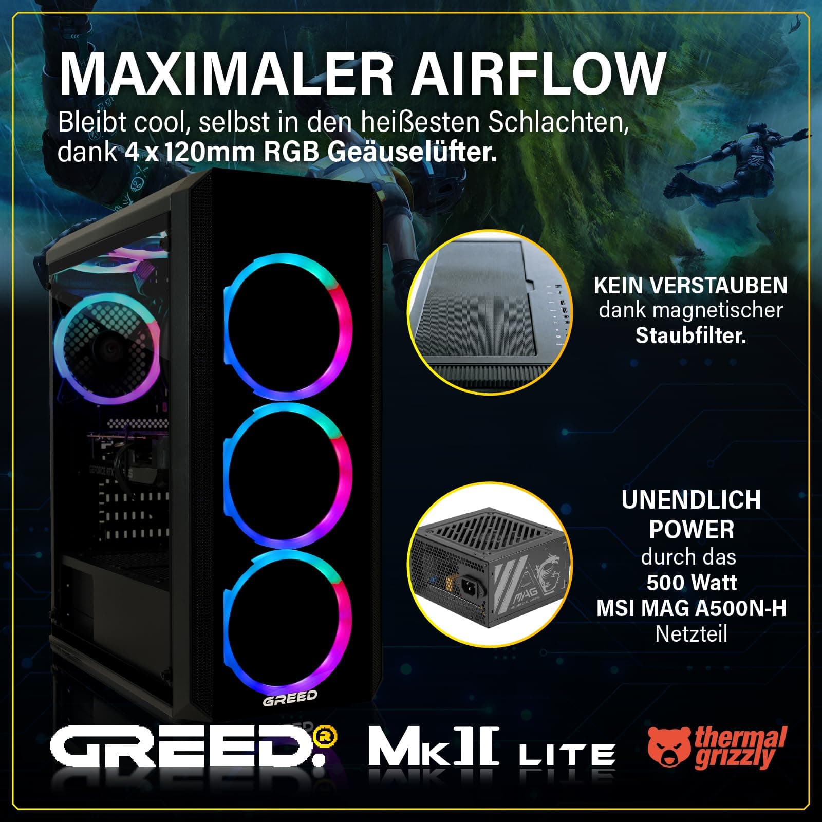 Greed® MK2 Lite - Entry Gaming PC mit AMD Ryzen 5 4600G + Radeon Vega 7 - Ultra Schneller RGB Computer + 4K Raytracing Rechner mit 4,2 GHZ - 16 GB DDR4 RAM - 512 GB SSD - WLAN + W11 Pro MK2 LITE | Entry AMD 16GB Bild 4