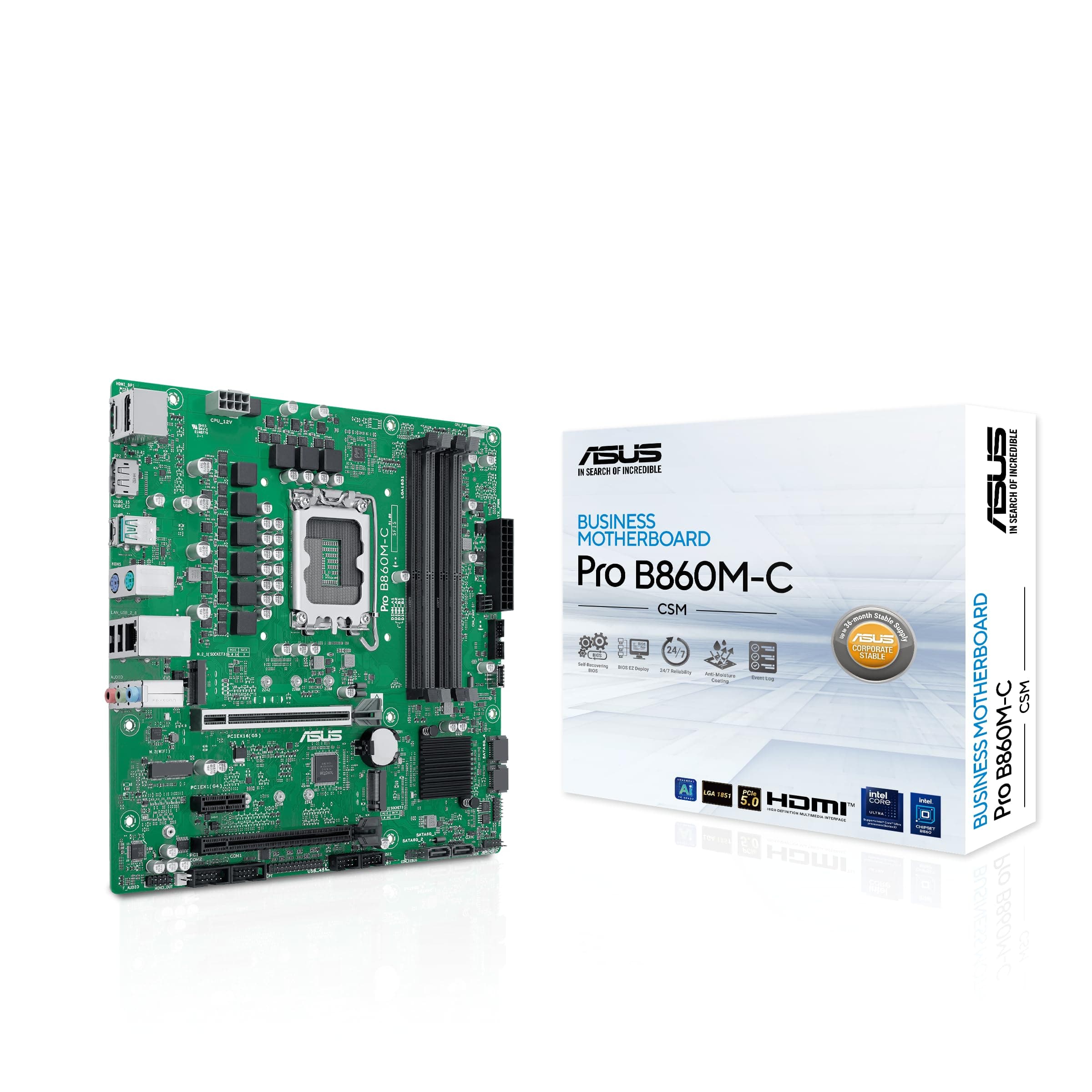ASUS PRO B860M-C-CSM Business Mainboard Sockel Intel LGA 1851 (microATX, PCIe 5.0, DDR5, SafeSlot, ASUS Control Center Express, CSM, Q-LED Core, COM Debug-Header) Bild 2