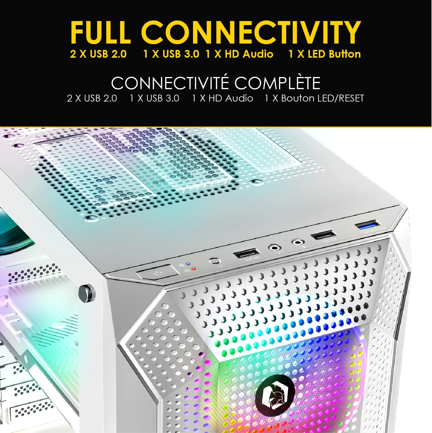 EMPIRE GAMING - PC-Gehäuse Gamer Ruby – ARGB Mittelgroßer Tower ATX, MATX, ITX – Netzblende – Seitenwand aus Acrylglas – 4 Ventilatoren 3 Pin 5V LED RGB Adressierbar 120 mm – MB Sync – Weiß Ruby W Bild 3