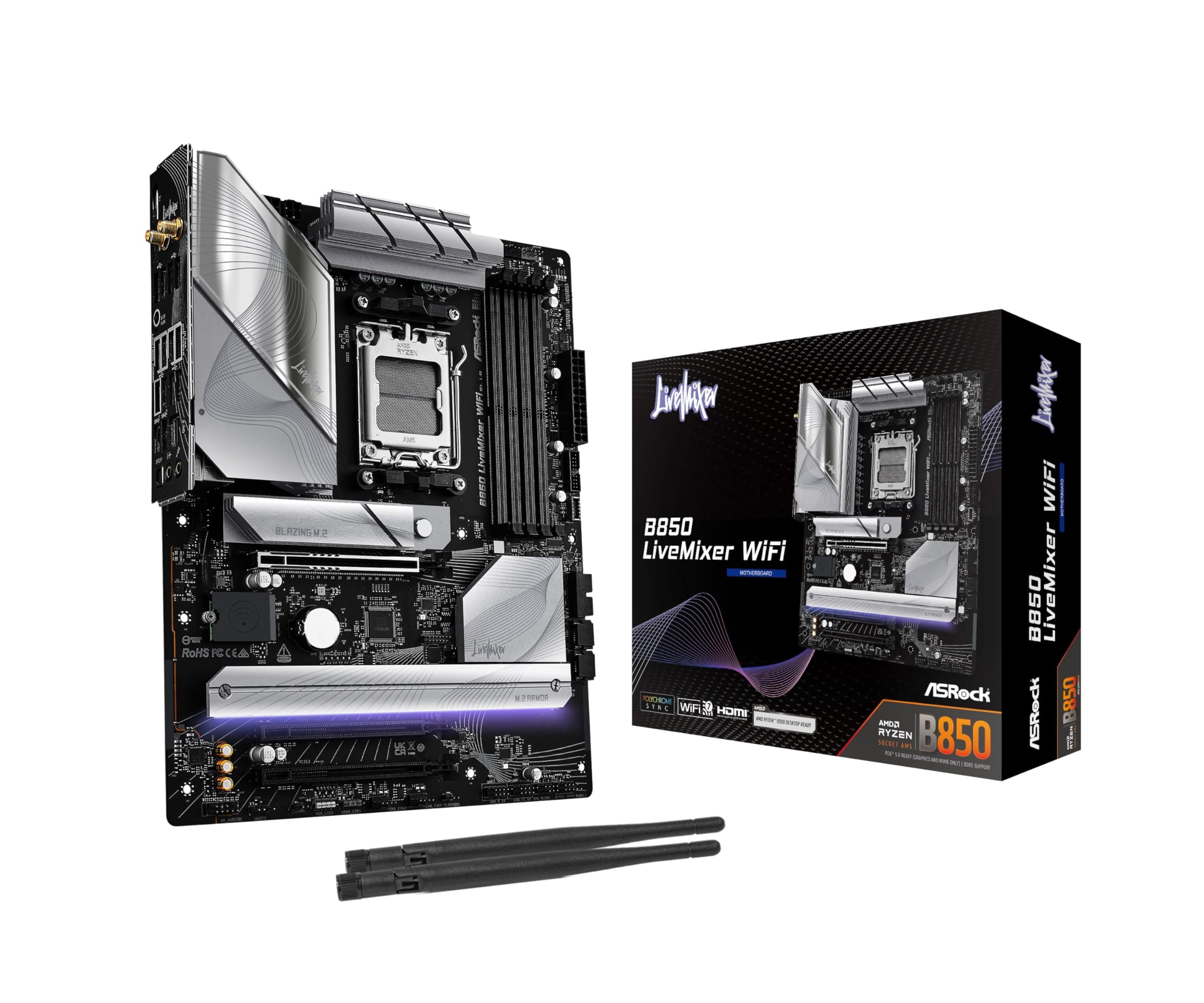 ASRock B850M Pro RS WiFi White AM5 Micro-ATX Mainboard:AMD Ryzen 9000/8000/7000 | DDR5 8000+ | PCIe 5.0 | WiFi 6E | 2.5G LAN Bild 2