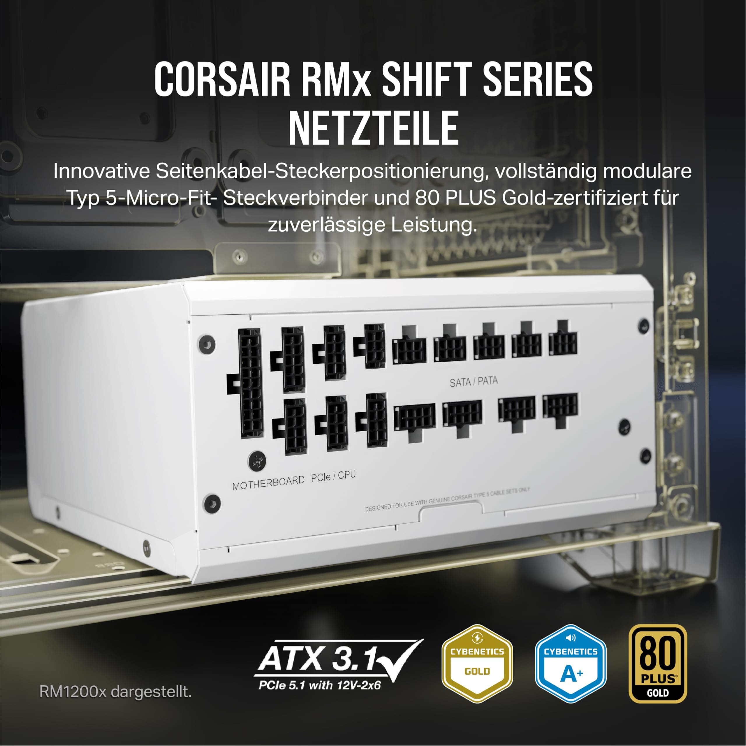 Corsair RM750x SHIFT Vollmodulares ATX-Netzteil - Modulare Seitenschnittstelle - ATX 3.1- & PCIe 5.1-kompatibel - Null-Drehzahl-Lüftermodus - 105°C-Kondensatoren - 80 PLUS Gold-Effizienz - Weiß 750 Watts Weiß Bild 3