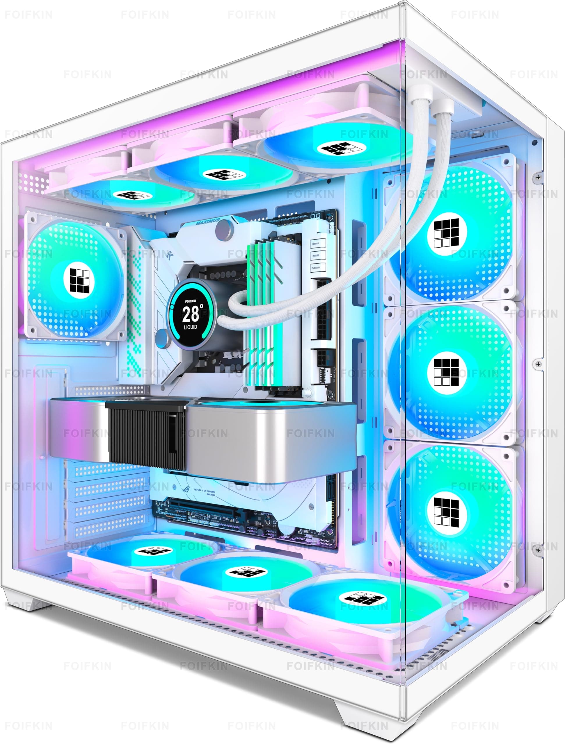FOIFKIN F300 PC Gehäuse ATX mit 7 PWM ARGB Lüfter,Hoher Luftstrom Mid-Tower Computer Gehäuse,Gaming PC-Gehäuse Big Tower,ATX Gehäuse Weiß,mit Type-C,360mm Radiator Computergehäuse(Weiß, F300) F300 Weiß