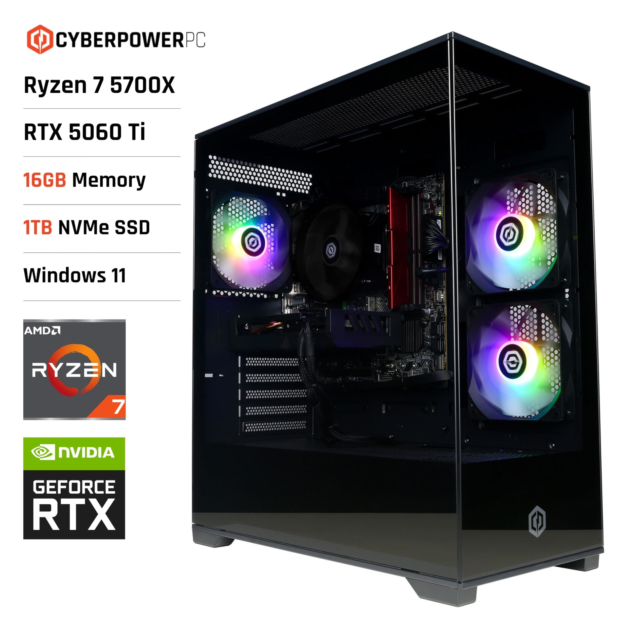 CYBERPOWERPC Wyvern Gaming PC - AMD Ryzen 7 5700X, Nvidia RTX 5060 Ti, 16GB RAM, 1TB NVMe SSD, 650W PSU, Wi-Fi, Windows 11, Prism Panoramic Black AMD Ryzen 7 5700X Nvidia RTX 5060 Ti Bild 2
