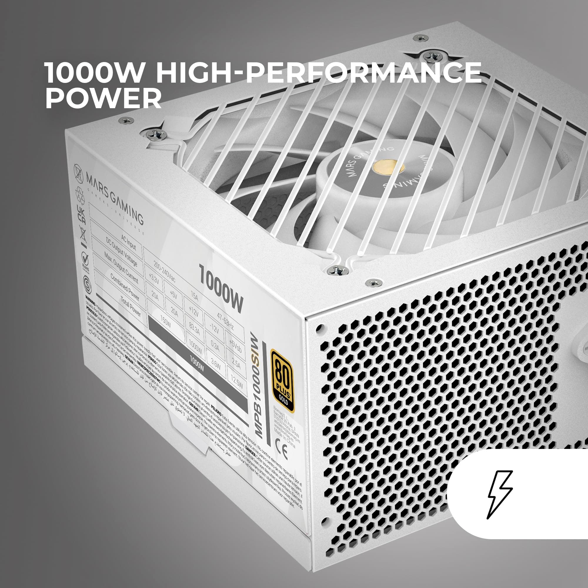 Mars Gaming MPB1000SI, PC ATX Netzteil 1000W, 7 Jahre Garantie, 80Plus Gold 90%, SI Extreme Silence Lüfter mit Kupfer- und Aluminiumkern, AI2-RPM-, DC-DC- und SMD-Technologien, Weiß Bild 3