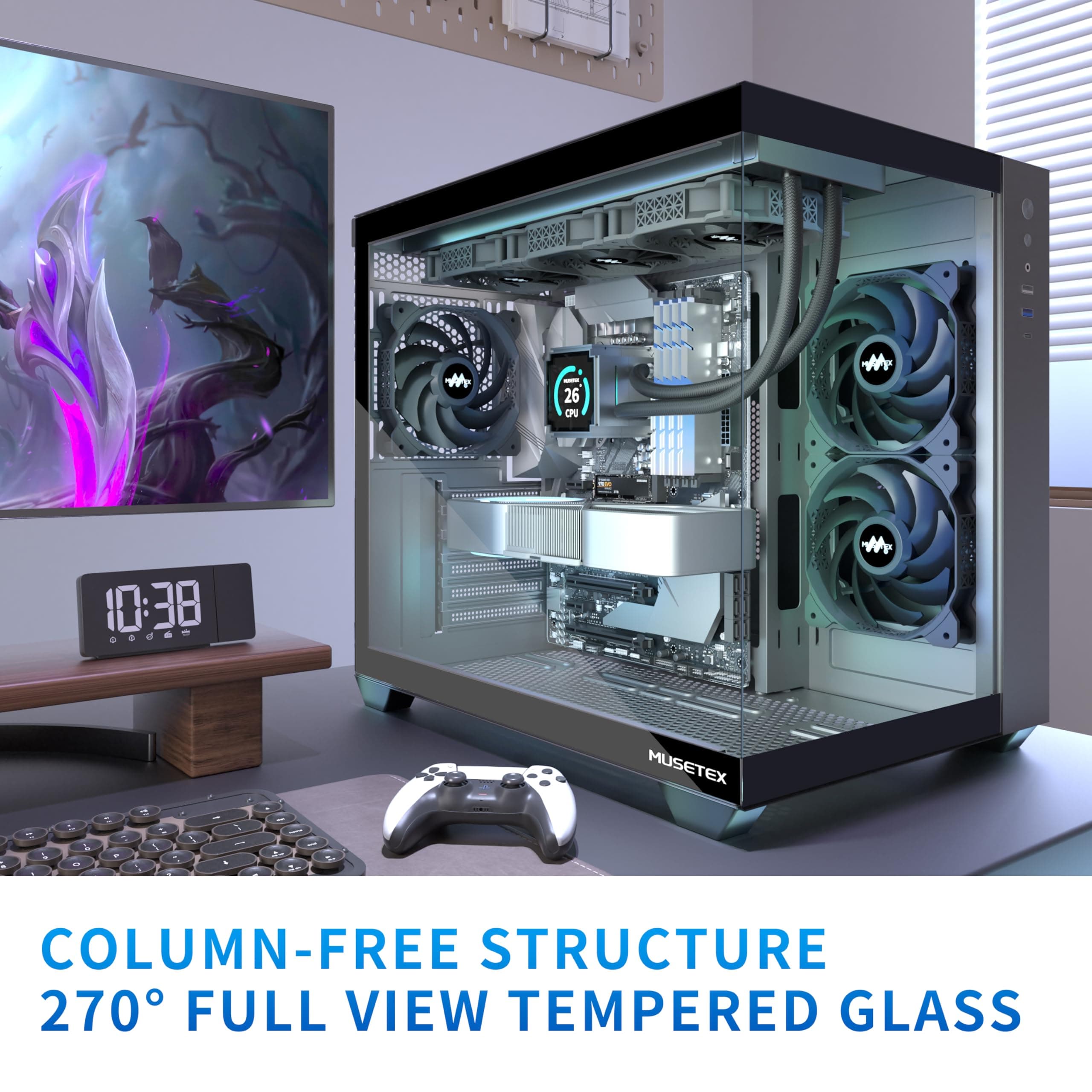 MUSETEX PC Gehäuse ATX, 3 Non-LED Lüfter vorinstalliert Gaming PC Gehäuse, 270° Full-View Tempered Glass PC Case mit Type-C, Mid Tower ATX Computer Gehäuse, Schwarz, Y6 42T x 29,5B x 36,8H cm Bild 3