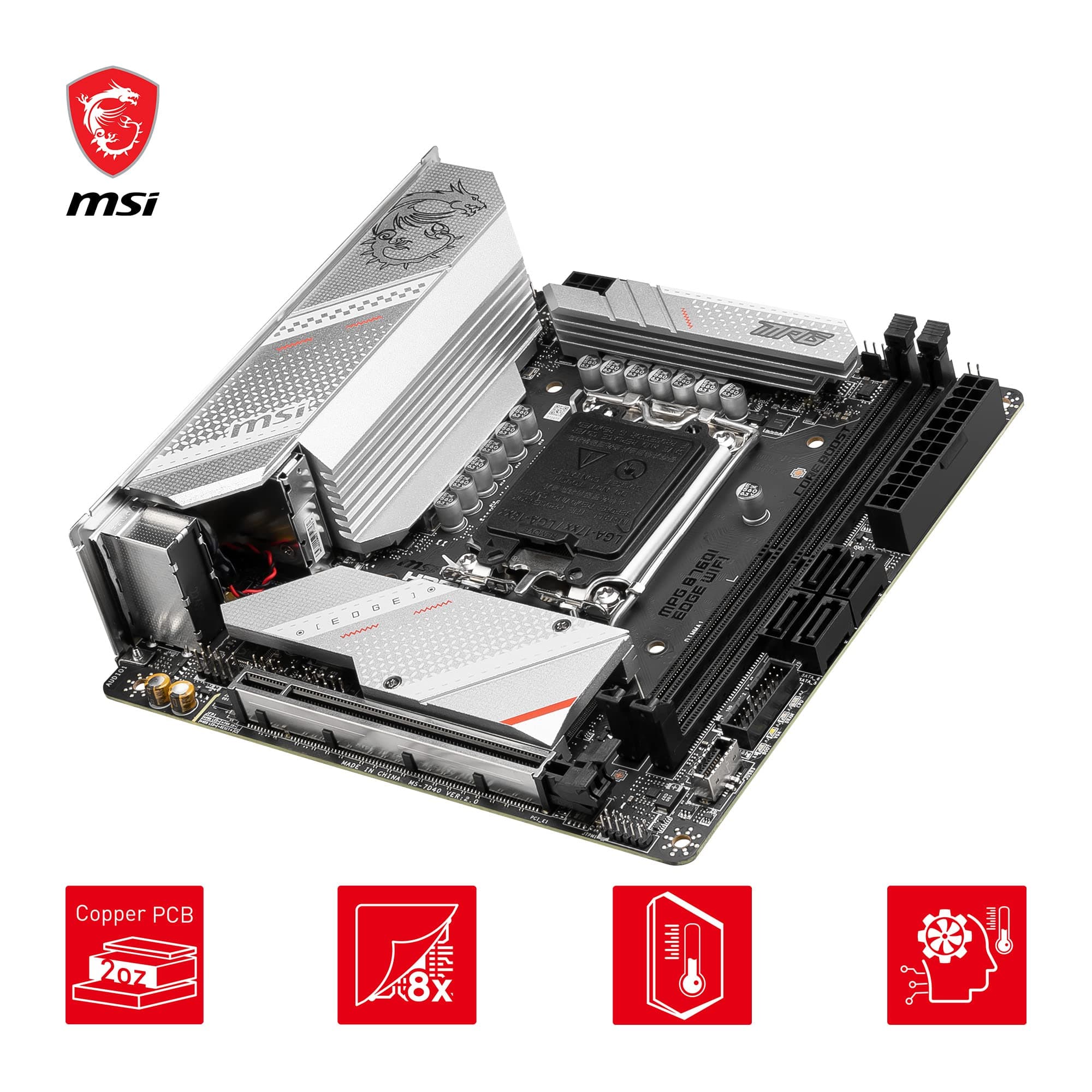 MSI MPG B760I Edge WiFi Mainboard, Mini-ITX - Für Intel Core Prozessoren der 12., 13. & 14. Gen, LGA 1700-8 Direct 90A VRM, DDR5 Memory Boost 7200+MHz/OC, PCIe 5.0 x16, 2 x M.2 Gen4, Wi-Fi 6E Mini-ITX DDR5 MPG B760I EDGE WIFI Bild 7
