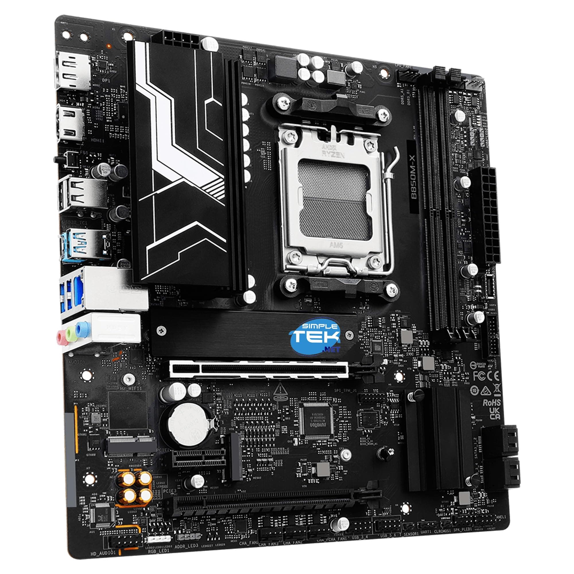 SIMPLETEK - Motherboard Micro ATX Socket AM5 Chipsatz B850 Unterstützung DDR5, 1x HDMI, 1x DIsplayPort, 1x USB-C, 2x M.2, LAN 2.5G und PCIe 5.0