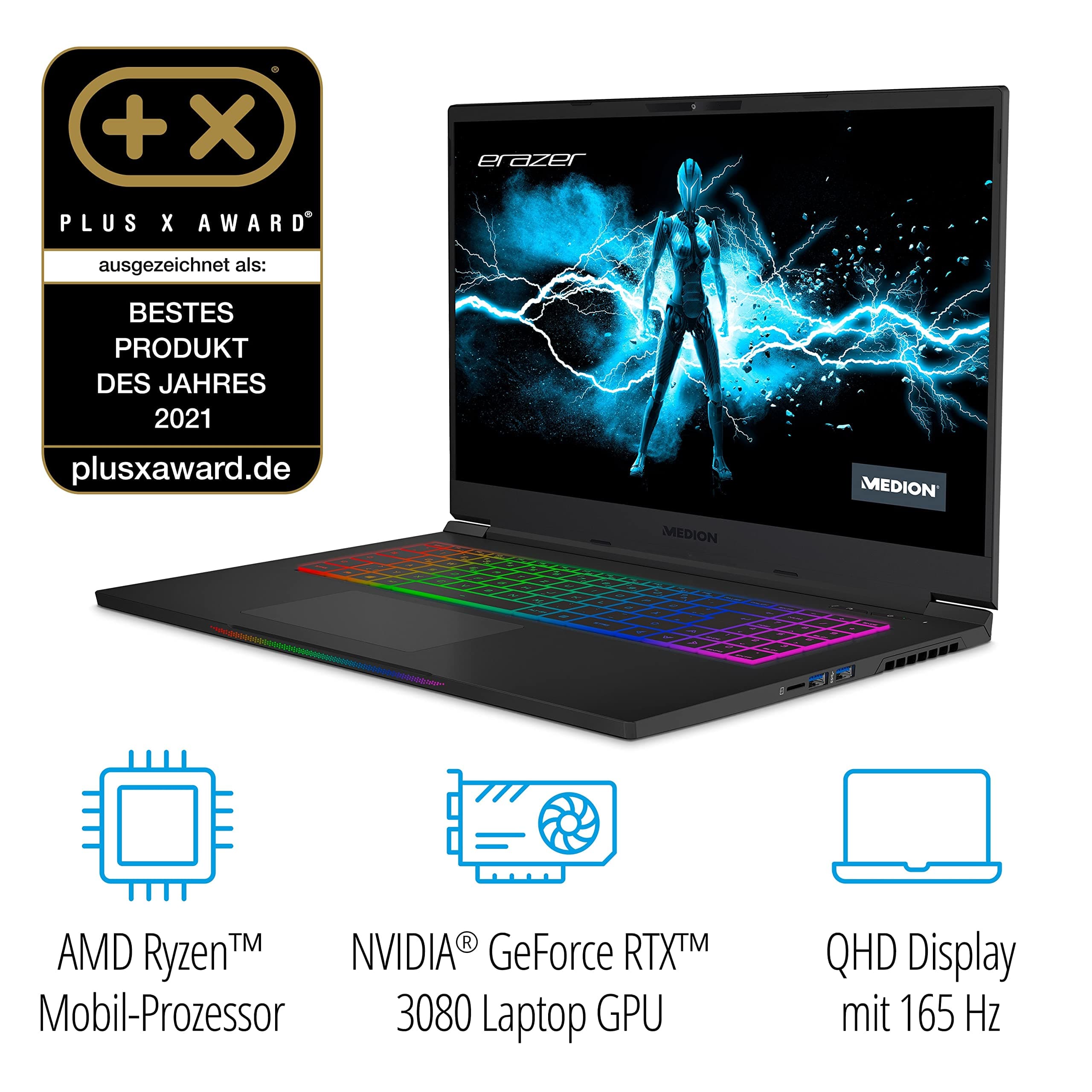 MEDION ERAZER Beast X25 43,9 cm (17,3 Zoll 165Hz) QHD Gaming Notebook (AMD Ryzen 9 5900HX, 64GB DDR4 RAM, 2TB PCIe SSD, NVIDIA GeForce RTX 3080 16 GB GDDR6 VRAM, Win 11 Home) Bild 3