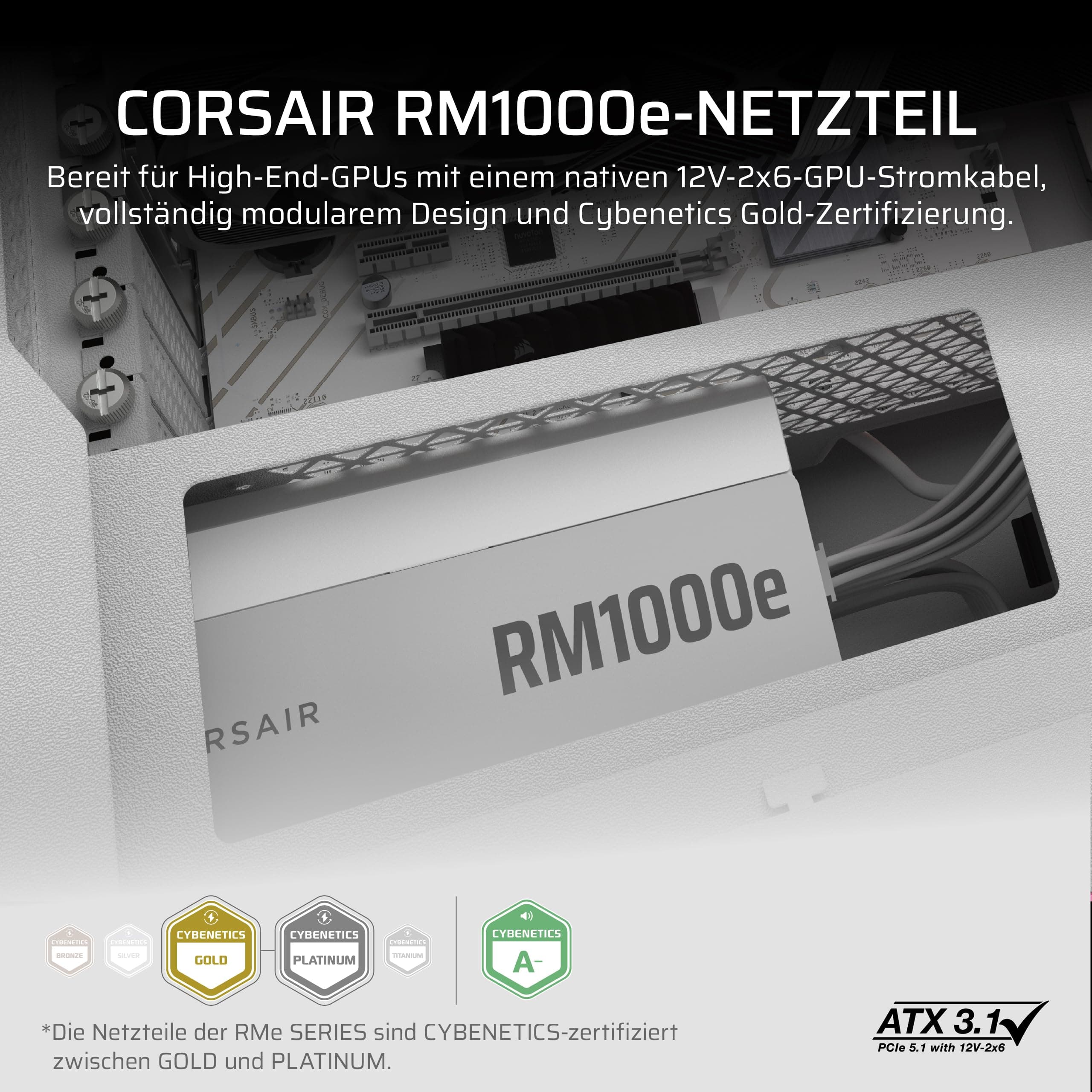CORSAIR RM1000e (2025) Geräuscharmes Vollständig Modulares ATX-Netzteil mit 12V-2x6 Kable – Zero RPM-Lüftermodus, ATX 3.1-Konform, PCIe 5.1-Unterstützung, Cybenetics Gold – Weiß Weiß 1000 Watts RMe (2025) Bild 3