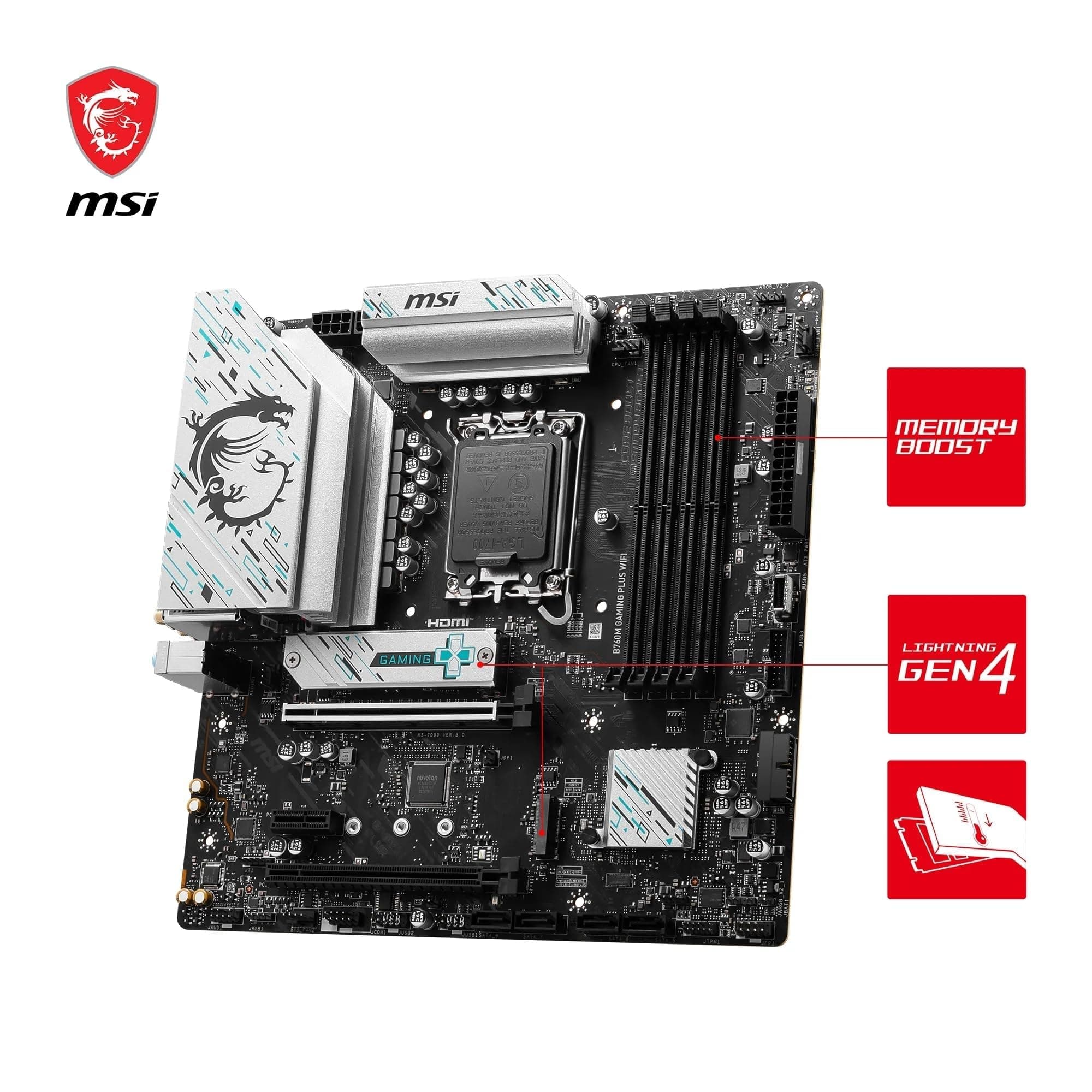 MSI B760M Gaming Plus WiFi Motherboard, mATX - Unterstützt Intel Core Prozessoren der 14., 13. und 12. Generation, LGA 1700 - DDR5 6800+MHz/OC, 1x PCIe 4.0 x16, 2 x M.2 Gen4, 2.5G LAN, Wi-Fi 6E Bild 6