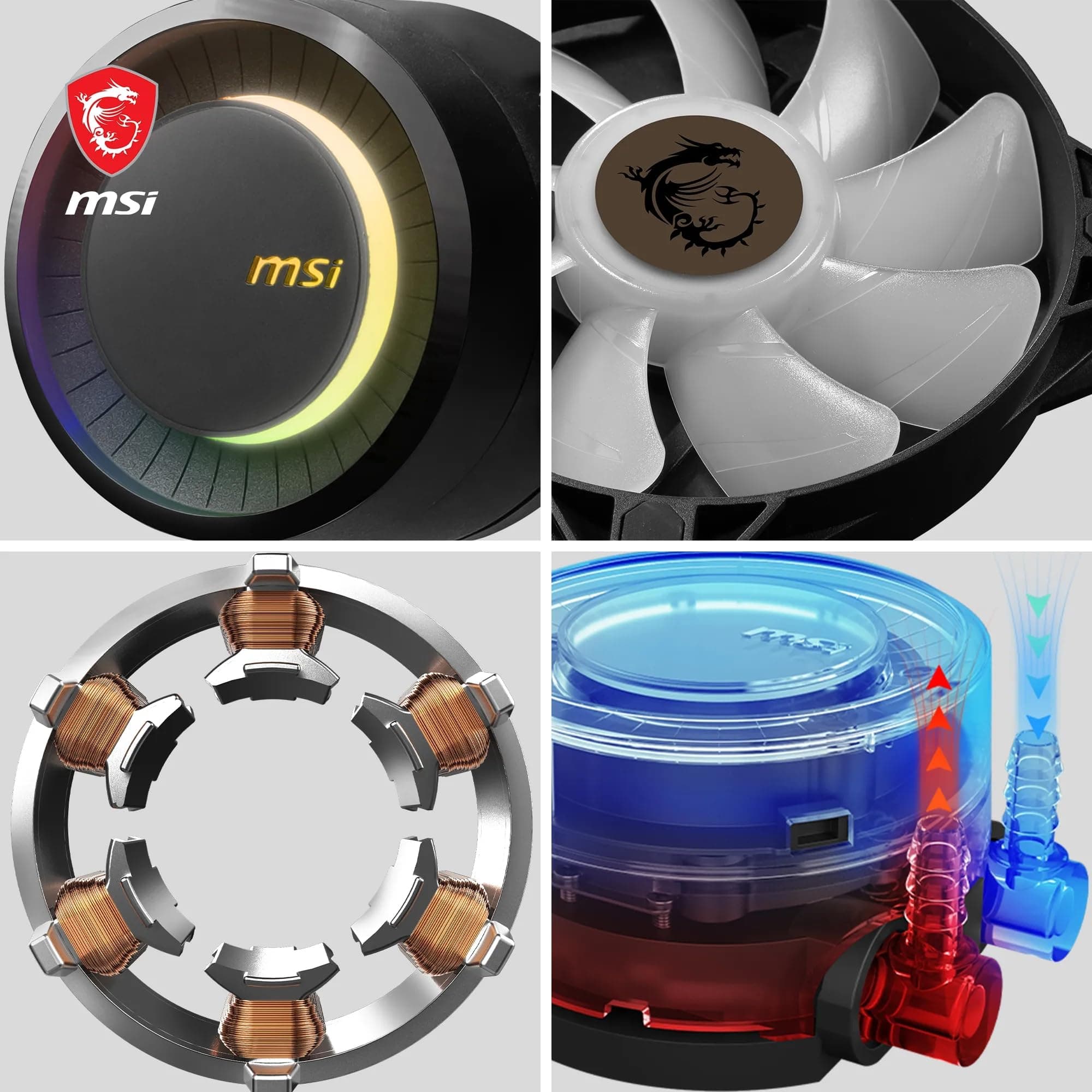MSI MAG CORELIQUID E240 AIO CPU Wasserkühlung- Vergrößerte Kupferkühlplatte, ARGB Blockhead & FDB Lüfter, Zweikammer-Wasserblock, Split-Flow Radiator, Mystic Light, AMD & Intel kompatibel Bild 8