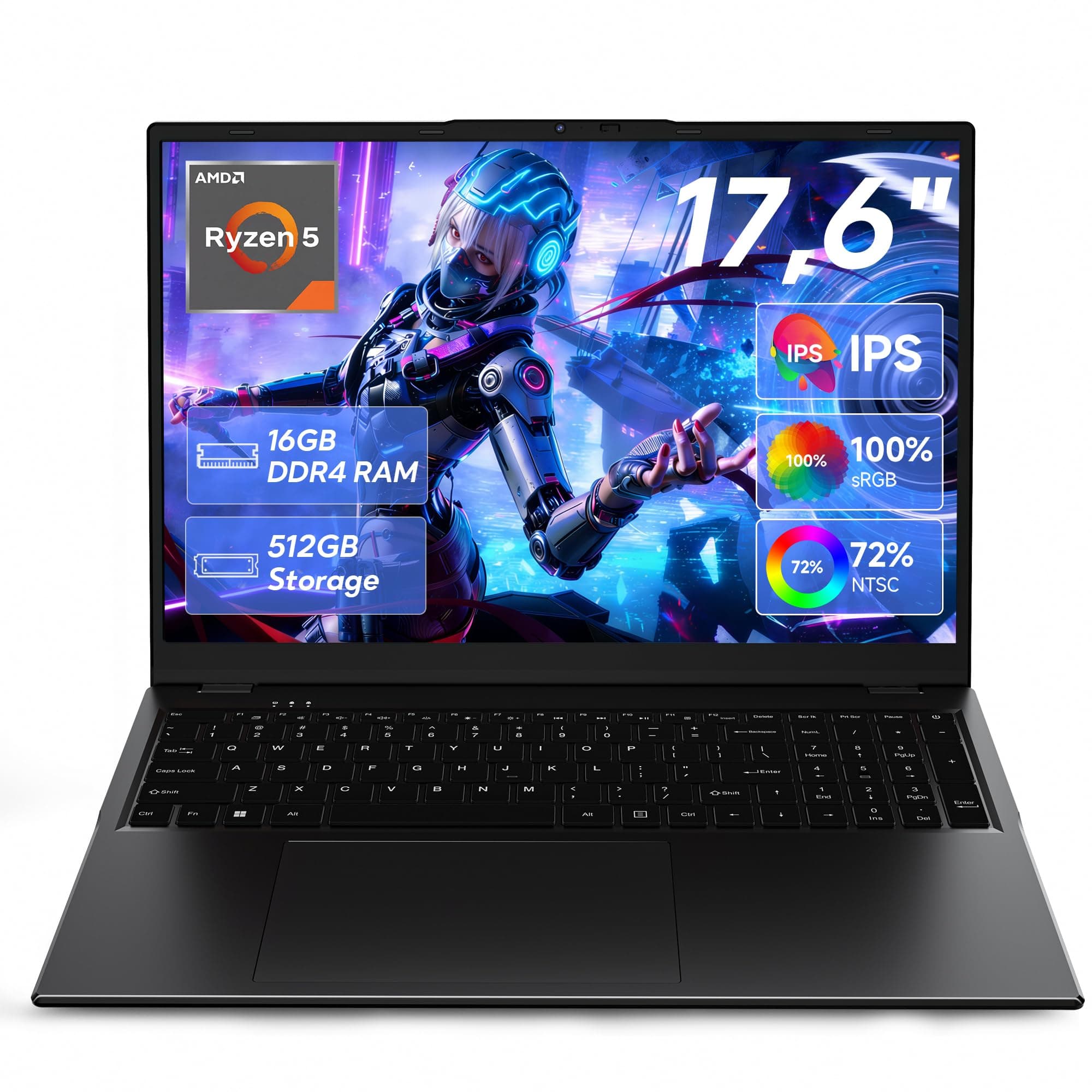 jumper 2026 Gaming Laptop 17,6 Zoll IPS 1920X1200, 16GB DDR4 RAM 512GB SSD, AMD Ryzen5 3500U(bis zu 3,7GHz), Leuchtende Tastatur, Leichte Business und Studenten Notebook, USB/HDMI/Typ-C/WiFi6 Schwarz 17.6 Zoll