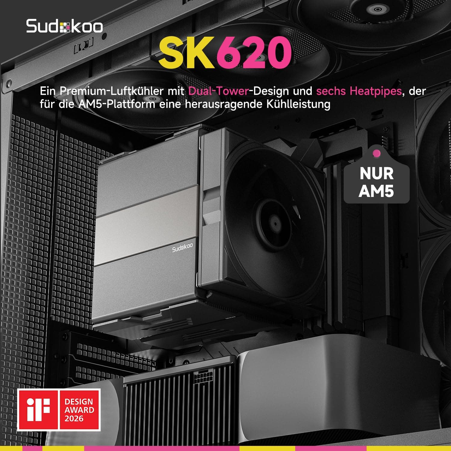 Sudokoo SK620 CPU Kühler AM5 : PC Lüfter mit Dual Tower für AM5 Exklusiv & 6 Heatpipes - CPU Cooler mit Zwei 120mm FDB PWM Lüfter - Luftkühler, Einfache Montage, 5 Jahre Garantie, Schwarz SK620 Schwarz Bild 3