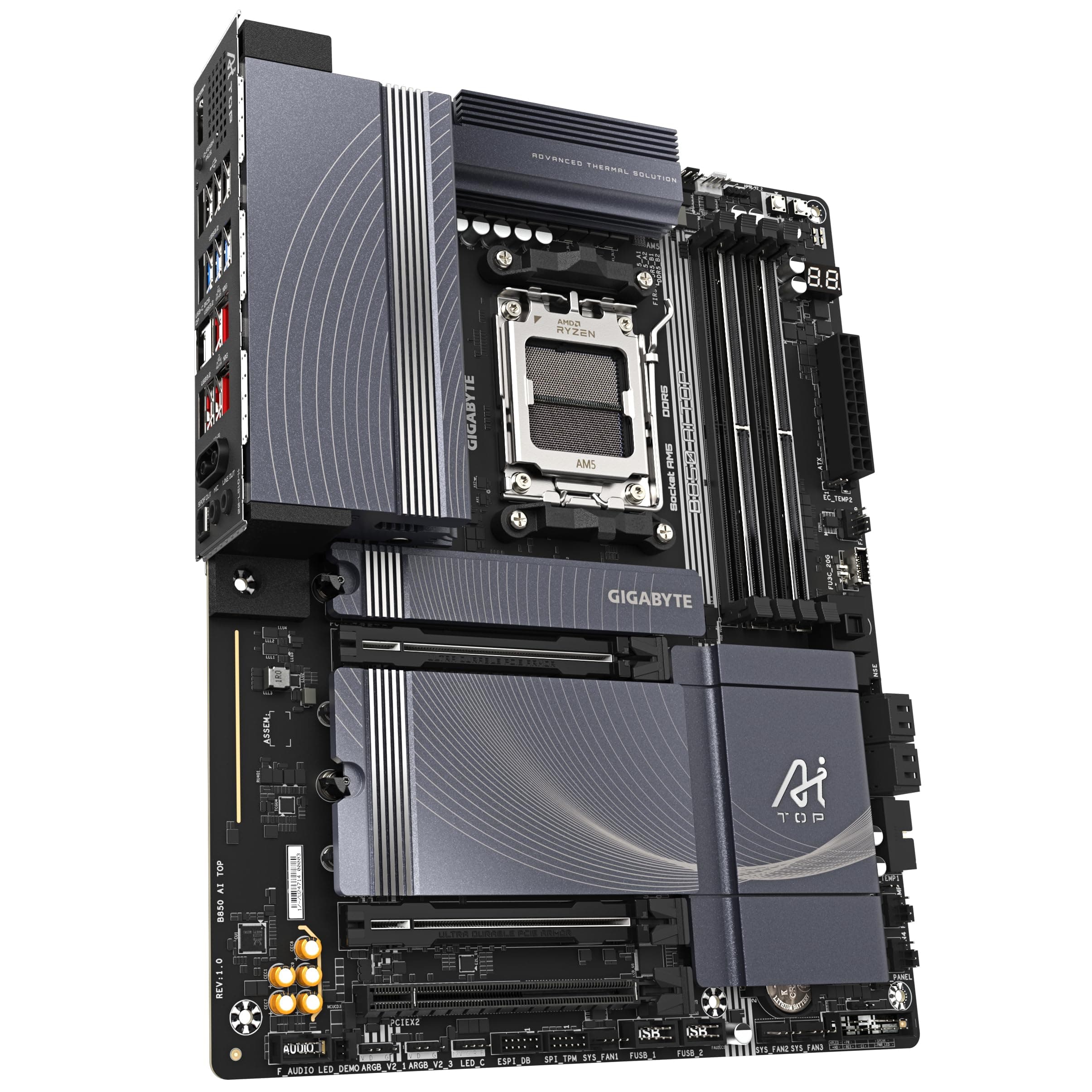 GIGABYTE B850 AI TOP Motherboard - AMD Ryzen 9000 Series CPUs, 16+2+2 Phasen Digital VRM, bis zu 8600MHz DDR5 (OC), 2xPCIe 5.0 + 1xPCIe 4.0 M.2, 10 GbE LAN, WiFi 7, USB 3.2 Gen 2x2 Bild 5