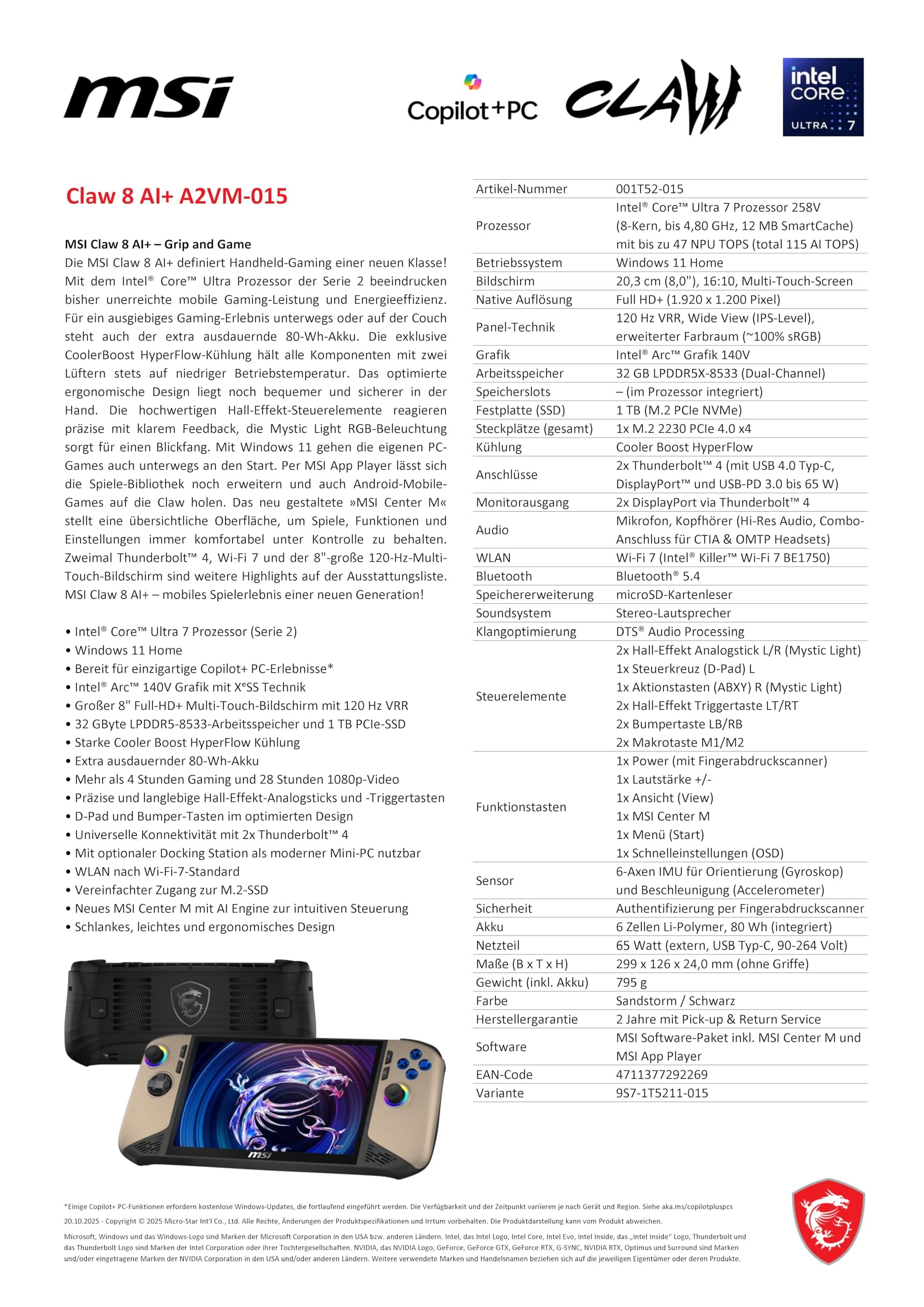 MSI Claw 8 AI+ Gaming Handheld, 8 Zoll FHD+ 120 Hz Display, Intel Core Ultra 7 Prozessor 258V, 32 GB RAM, 1 TB SSD, Intel Arc Grafik, Windows 11 Home, Schwarz/Sandstorm, A2VM-015 Bild 3