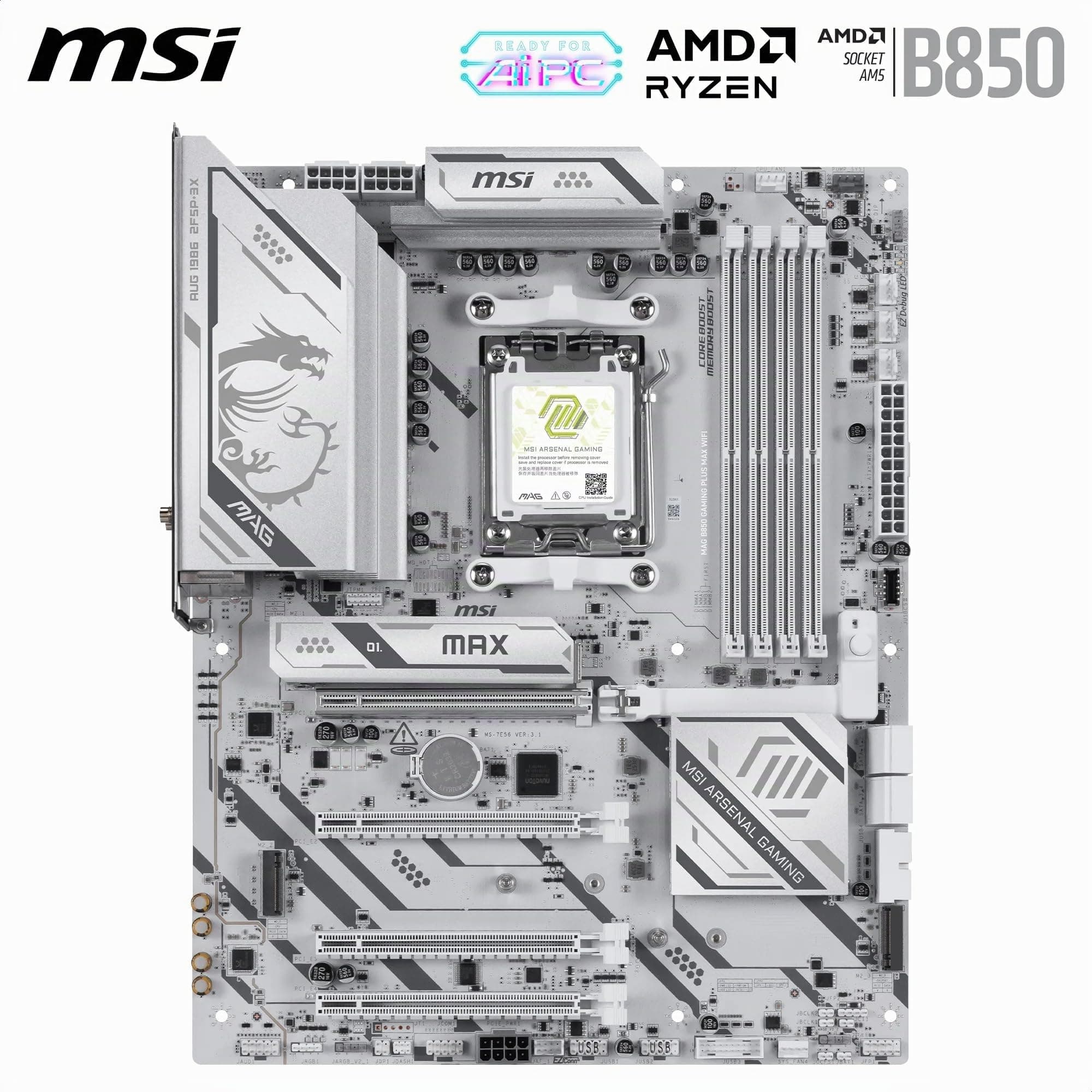 MSI MAG B850 Gaming Plus MAX WiFi Mainboard, ATX - Unterstützt AMD Ryzen 9000/8000 / 7000 Prozessoren, AM5, DDR5 Memory Boost (bis zu 8200+ MT/s OC), PCIe 5.0 x16, M.2 Gen5, Wi-Fi 7, 5G LAN Bild 3