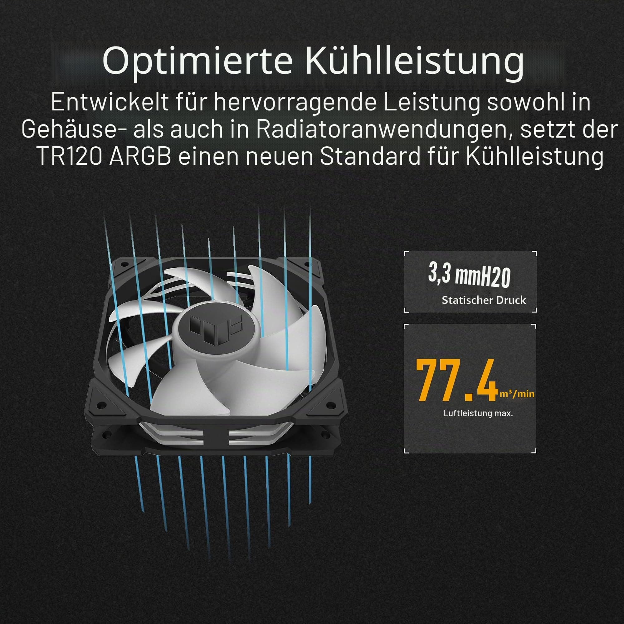 ASUS TUF Gaming TR120 ARGB Standard Blade Black Gehäuselüfter Single Pack (120mm PWM PC Lüfter, 2000 RPM, 3,3 mm H2O, 77,4 CFM Luftstrom, 16 einzeln adressierbare RGB-LEDs, schwarz) Bild 5