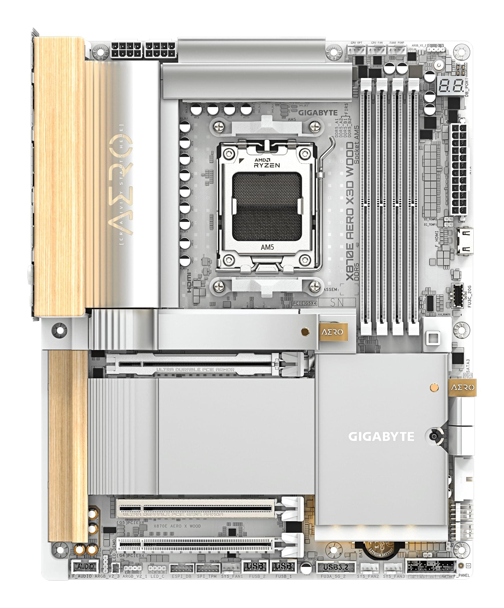 GIGABYTE X870E AERO X3D Wood Mainboard - Unterstützt AMD Ryzen 9000 CPUs, digitales 16+2+2-Phasen-VRM, bis zu 9000Hz DDR5 (O.C.), 2xPCIe 5.0 + 2xPCIe 4.0, Wi-Fi 7, 5GbE LAN, USB 4 Bild 3