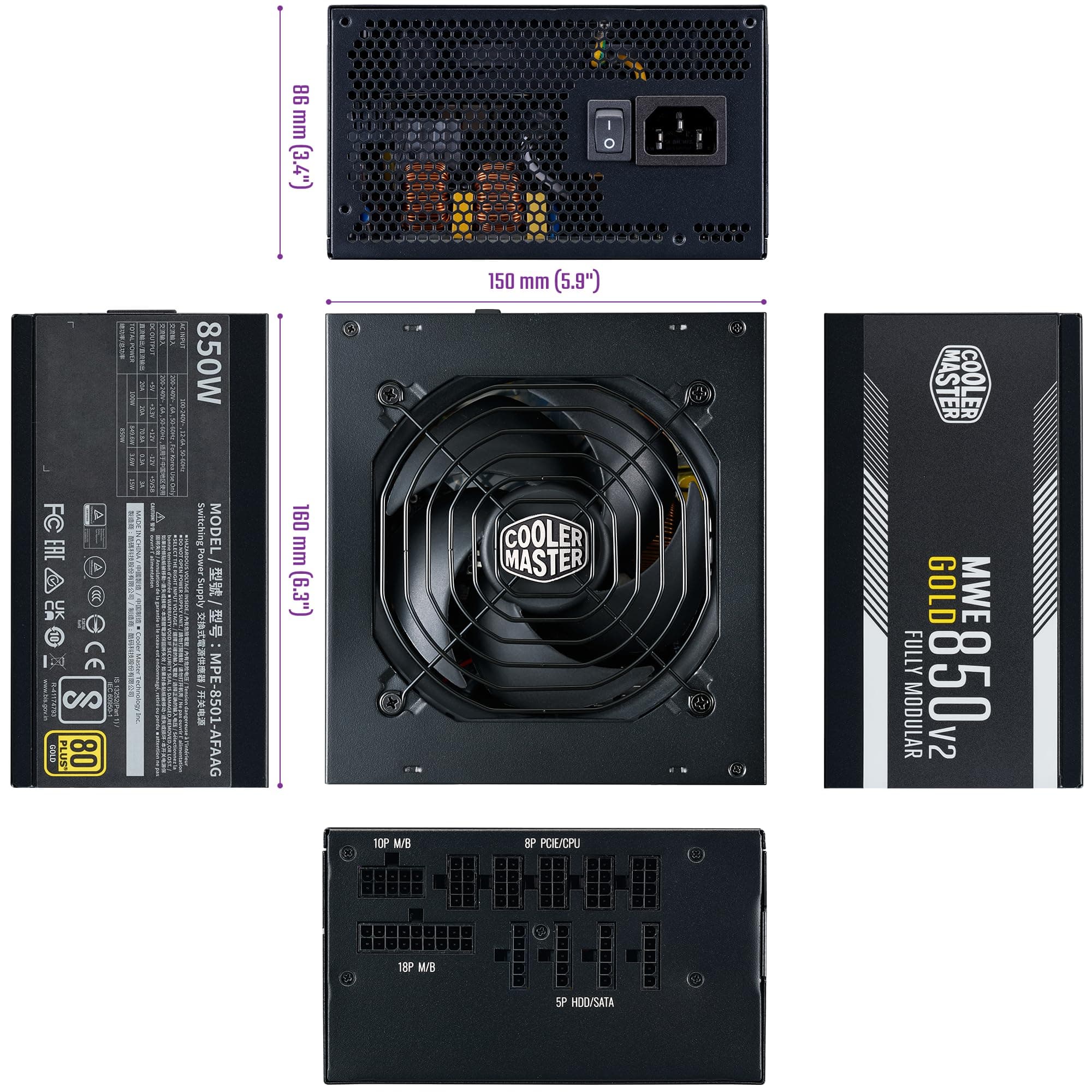 Cooler Master MWE Gold 850 V2 ATX 3.1 Vollmodulares Netzteil – ATX 3.1-Unterstützung, 80 Plus Gold, 850 Watt PC-Netzteil, PCIe 5.1-Verkabelung, 120 mm HDB-Lüfter, Hochtemperaturschwelle 850W Gold ATX 3.1 Bild 5