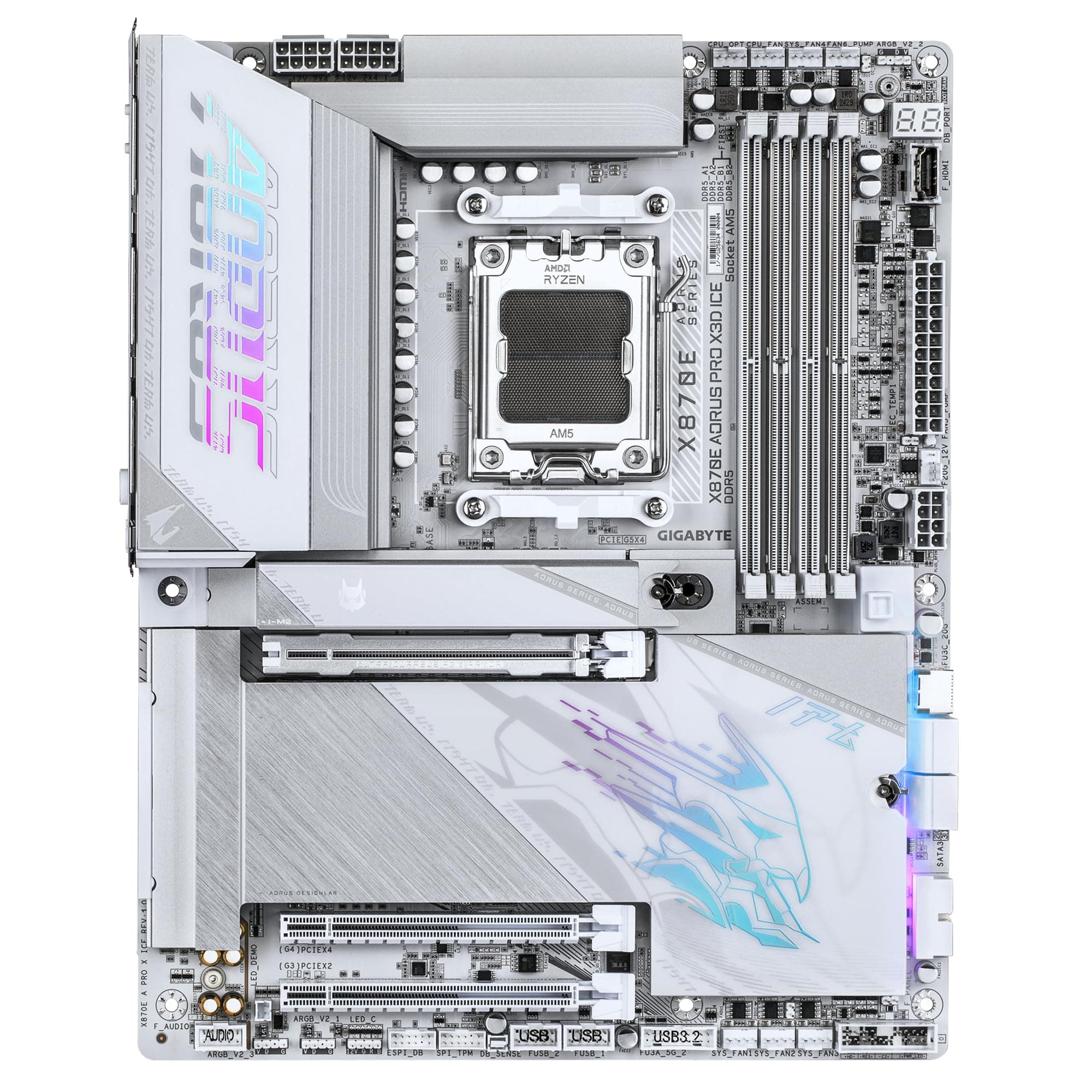 GIGABYTE X870E AORUS PRO X3D Ice Mainboard – Unterstützt AMD Ryzen 9000 Prozessoren, 18+2+2-Phasen Digital-VRM, bis zu 9000 Hz DDR5 (OC), 2 x PCIe 5.0 + 2 x PCIe 4.0, Wi-Fi 7, 5 GbE LAN, USB 4 Bild 3