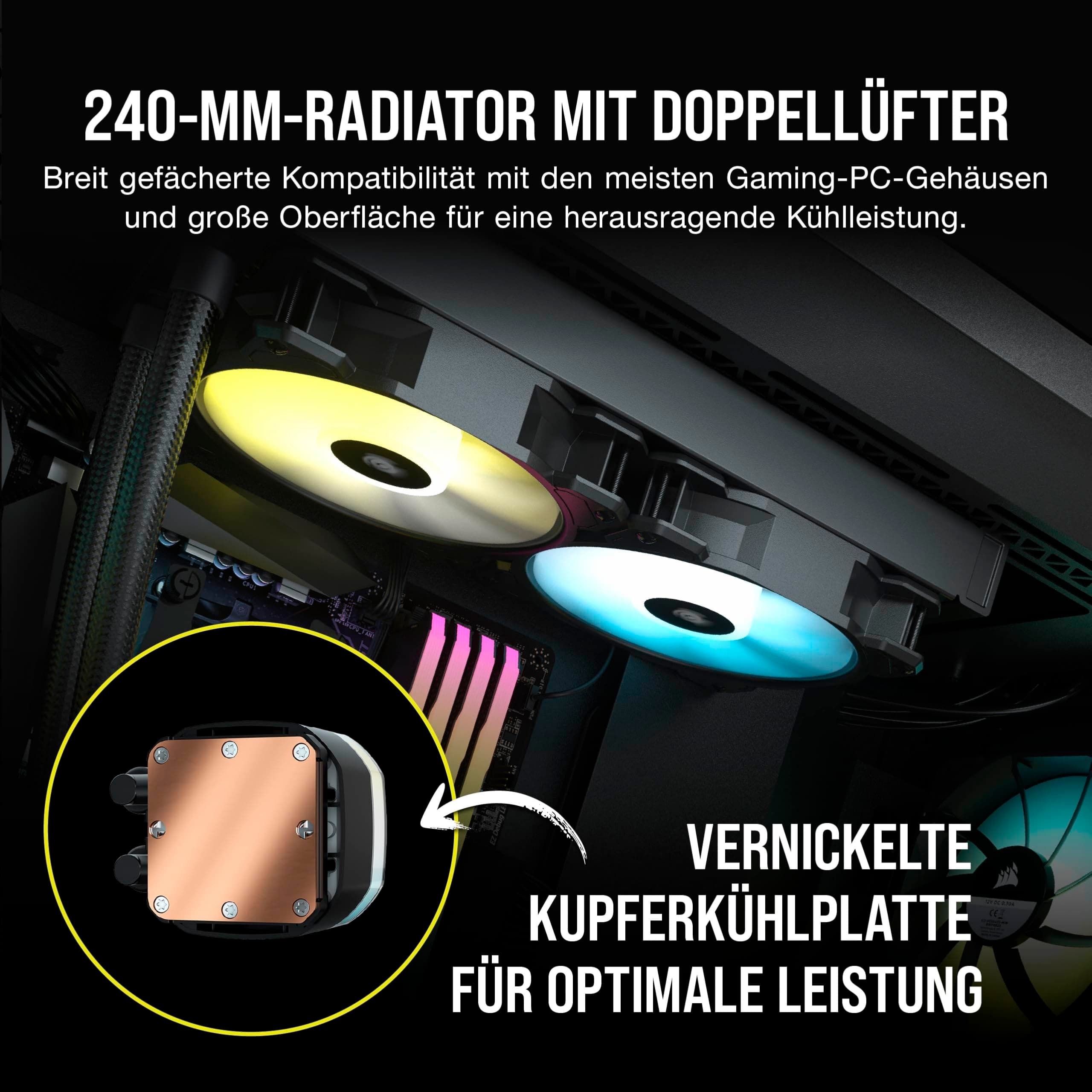 CORSAIR H100 RGB-Flüssig-CPU-Kühler - 240mm AIO - SP120 RGB ELITE Lüfter - Passend Für Intel LGA 1200/115X/2066, AMD AM4 - Motherboard ARGB Adapter Enthalten - Schwarz 240mm Kühler Bild 5