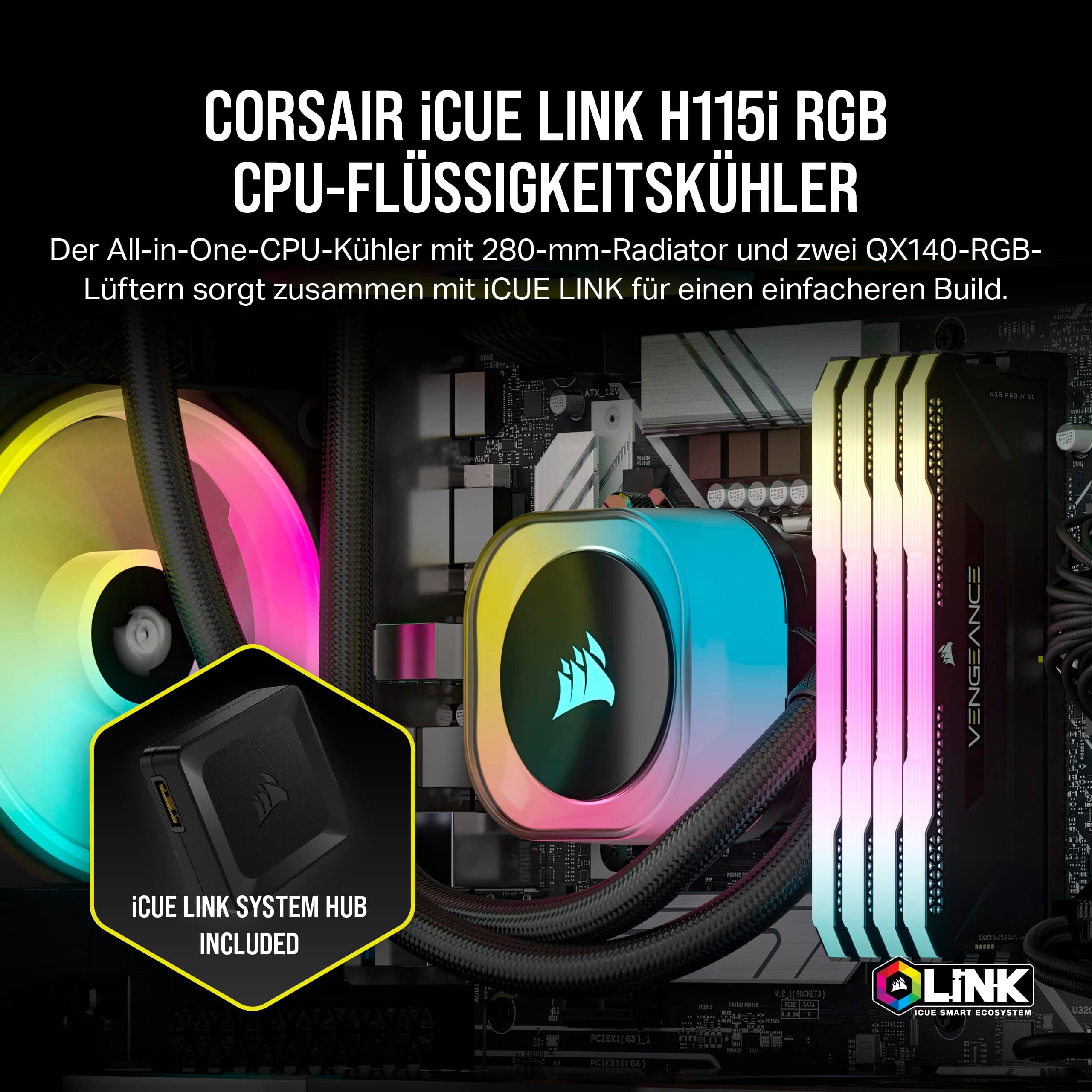 Corsair iCUE LINK H115i RGB Flüssig-CPU-Kühler - 280mm AIO - QX140 RGB-Lüfter - Passend Für Intel® LGA 1700, AMD® AM5 - iCUE LINK System Hub Enthalten - Schwarz Schwarz 280mm AIO Bild 3