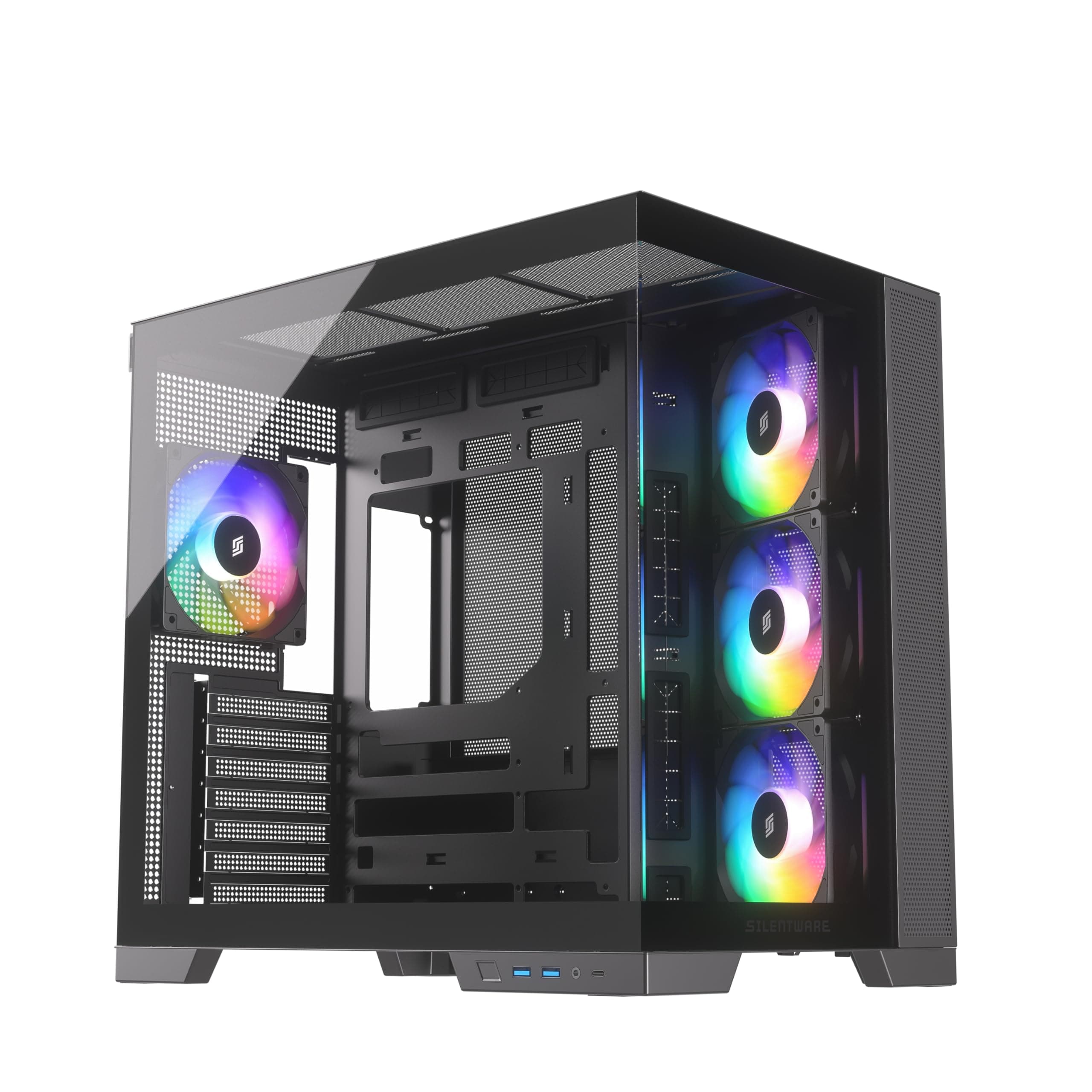 View A-RGB Black Midi Tower PC-Gehäuse Showcase, Frontpanel und Seitenfenster aus gehärtetem Glas, 4X 120mm RGB Lüfter, 4-Pin-PWM und 3-Pin Steurung, Abnehmbarer Deckel, USB-C, ATX/mATX/ITX Schwarz VIEW