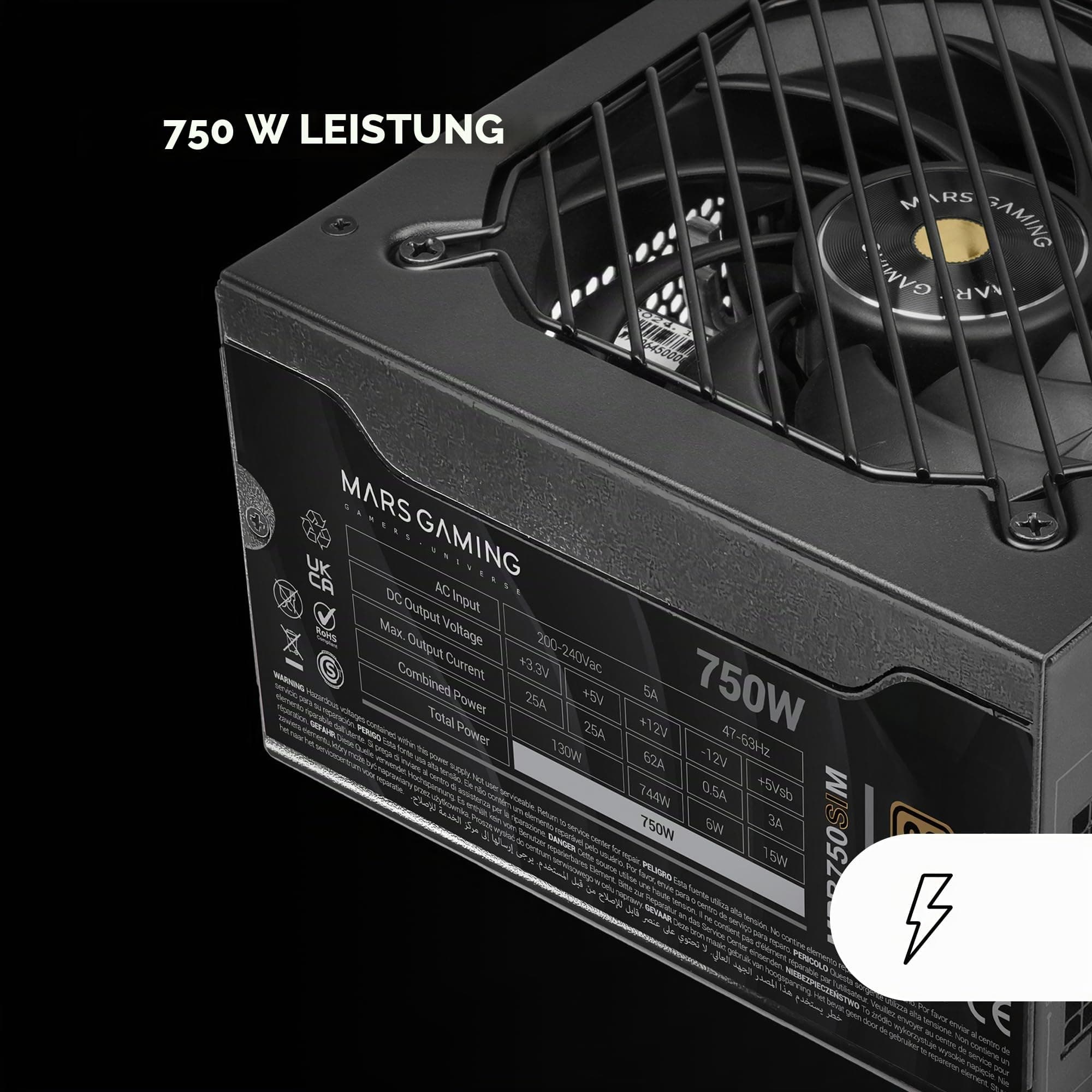 MARS GAMING MPB750SIM, Vollmodulares ATX 750W Netzteil, 7 Jahre Garantie, 80Plus Bronze 230V EU, 90% Effizienz, 140mm SI Extreme Silence Lüfter, AI2-RPM, DC-DC und SMD Technologien, Schwarz Bild 3