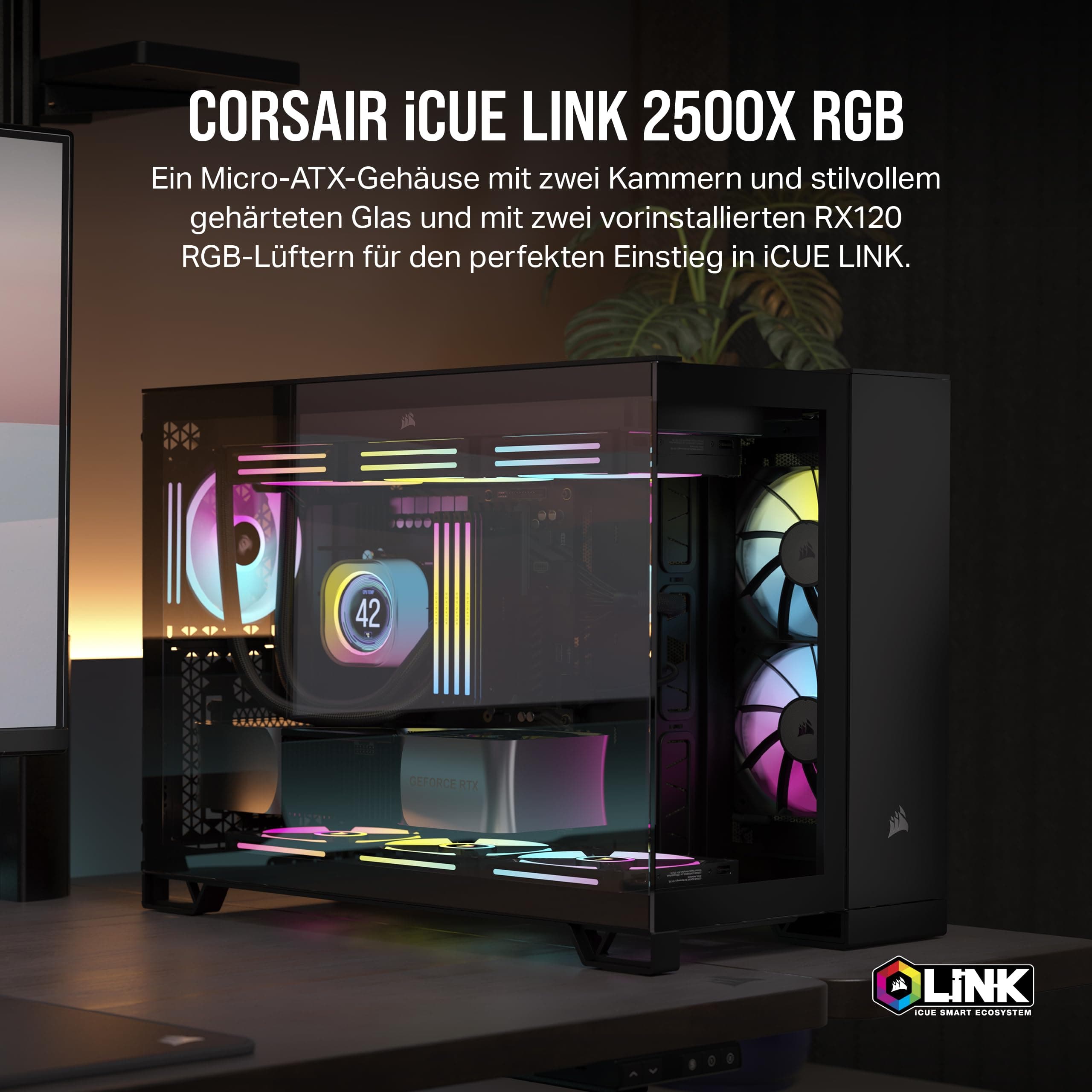 CORSAIR iCUE Link 2500X RGB gehärtetes Glas mATX Mid-Tower Dual Chamber PC Gehäuse - 2X CORSAIR RX120 RGB Lüfter im Lieferumfang enthalten - Breite Kühlflexibilität - Reverse Connection Motherboard iCUE LINK RGB 2500X Schwarz Bild 3
