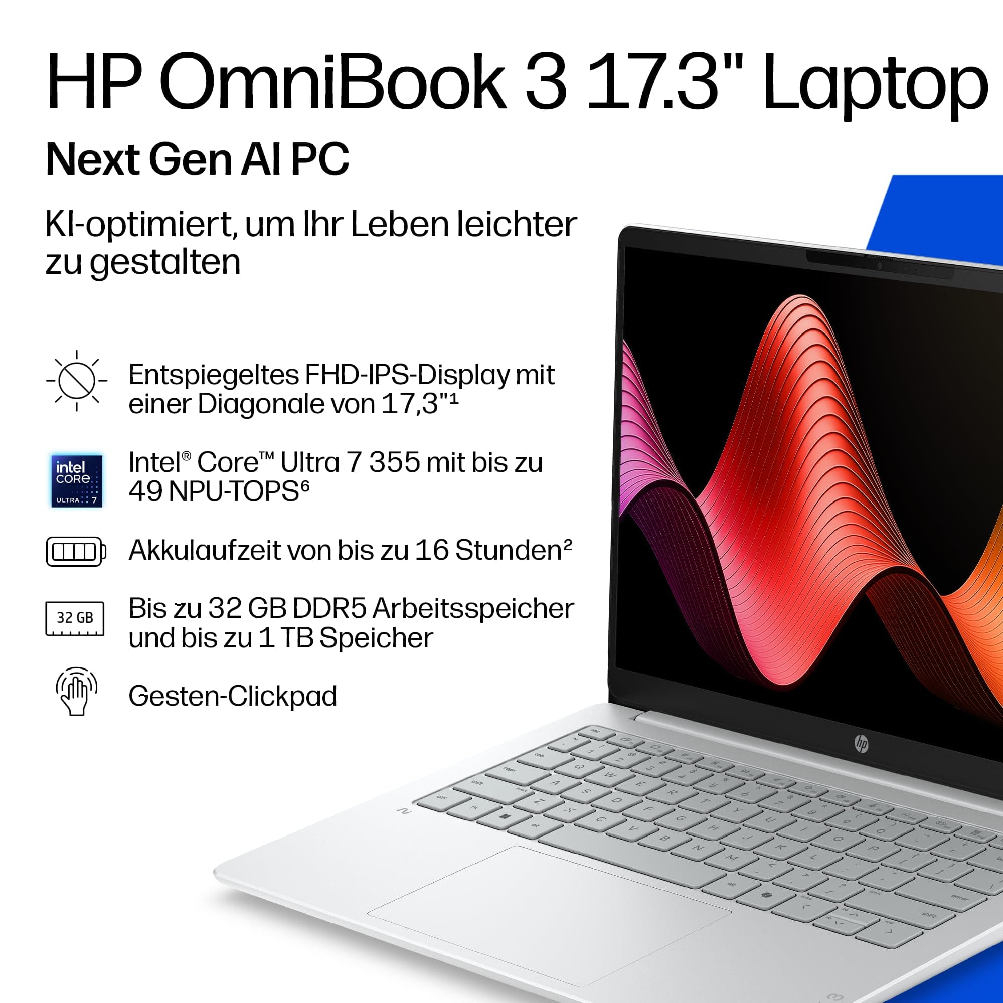HP OmniBook 3 Laptop (17,3" FHD Display, Intel Core Ultra 5, 16GB RAM, 512GB, Win11, QWERTZ) - Silber Intel Core Ultra 5, 16GB RAM, 512GB 17,3 Zoll Silber Bild 6