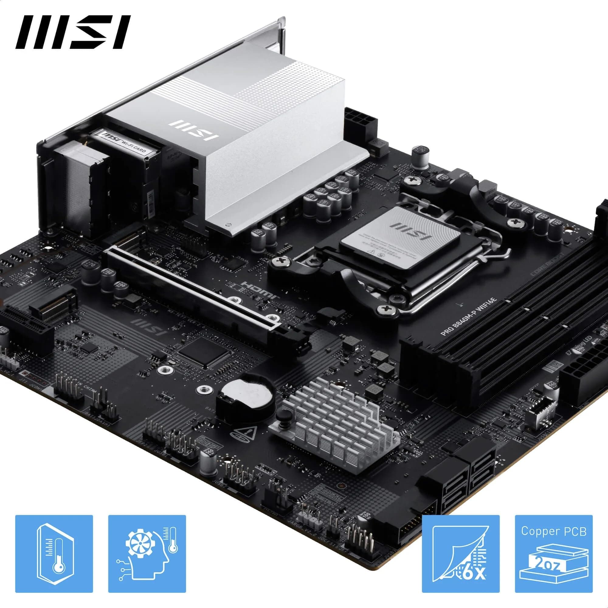 MSI PRO B840M-P WIFI6E Mainboard, mATX - Unterstützt AMD Ryzen 9000/8000 / 7000 Prozessoren, AM5 - DDR5 Memory Boost (8000+ MT/s OC), PCIe 4.0 x16, M.2 Gen4, Wi-Fi 6E, 2.5G LAN Bild 7