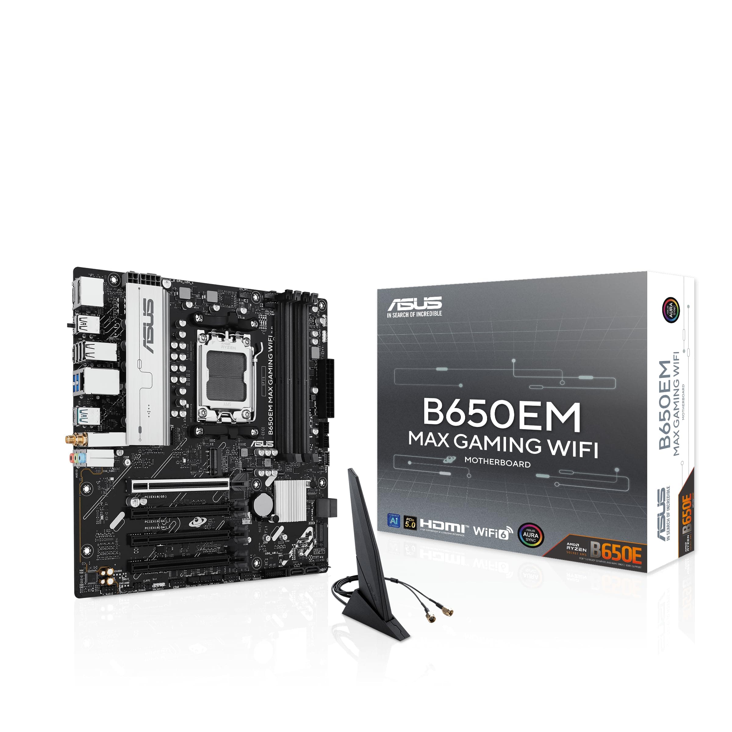 ASUS B650EM MAX Gaming WiFi AMD B650 mATX Motherboard, DDR5, PCIe 5.0 Ready, 3X M.2 Slots, WiFi6, 1GB Ethernet, DisplayPort, HDMI, Rear USB 10Gbps Type-A & Type-C Ports, BIOS Flashback, Aura Sync