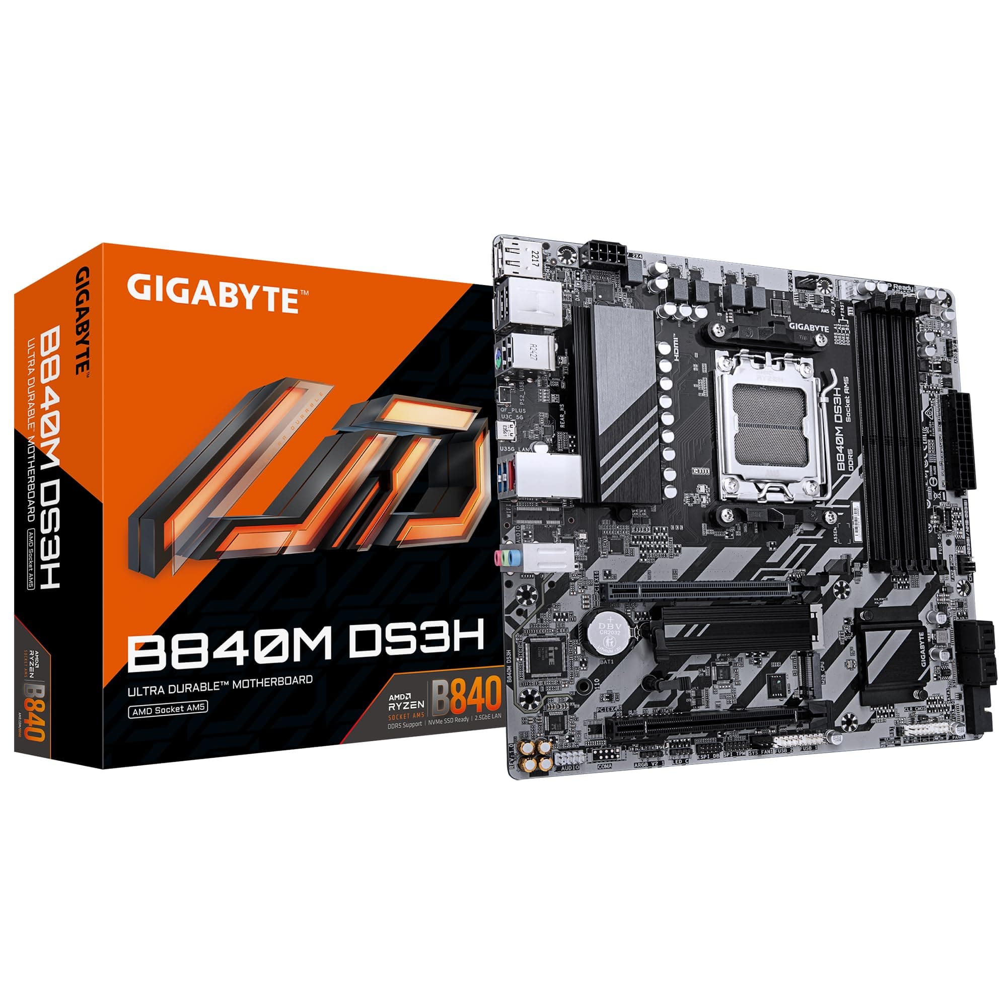 GIGABYTE B840M DS3H Mainboard – AMD Ryzen 9000 CPUs, 8+2+2 Phasen VRM, bis zu 8200 MHz DDR5, 2xPCIe 4.0 M.2, 2.5GbE LAN, USB 3.2 Gen 1 Bild 2