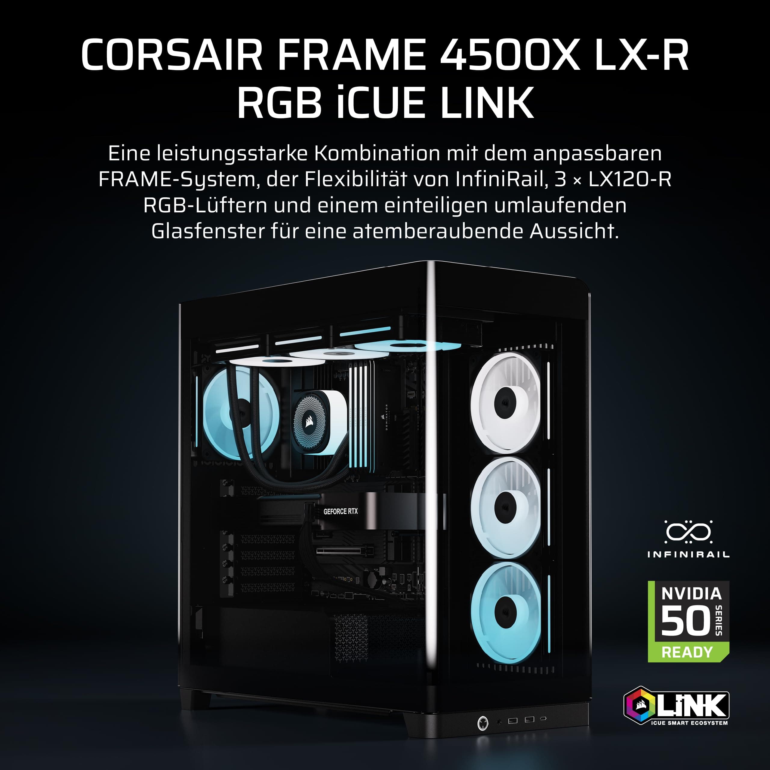 CORSAIR Frame 4500X LX-R RGB LINK Panoramaglas Mid-Tower-PC-Gehäuse – InfiniRail Lüftermontagesystem, Passend für Zwei 360 mm Radiatoren, GPU Anti-Sag, Enthält 3X LX120R RGB LINK Lüfter – Schwarz Bild 3