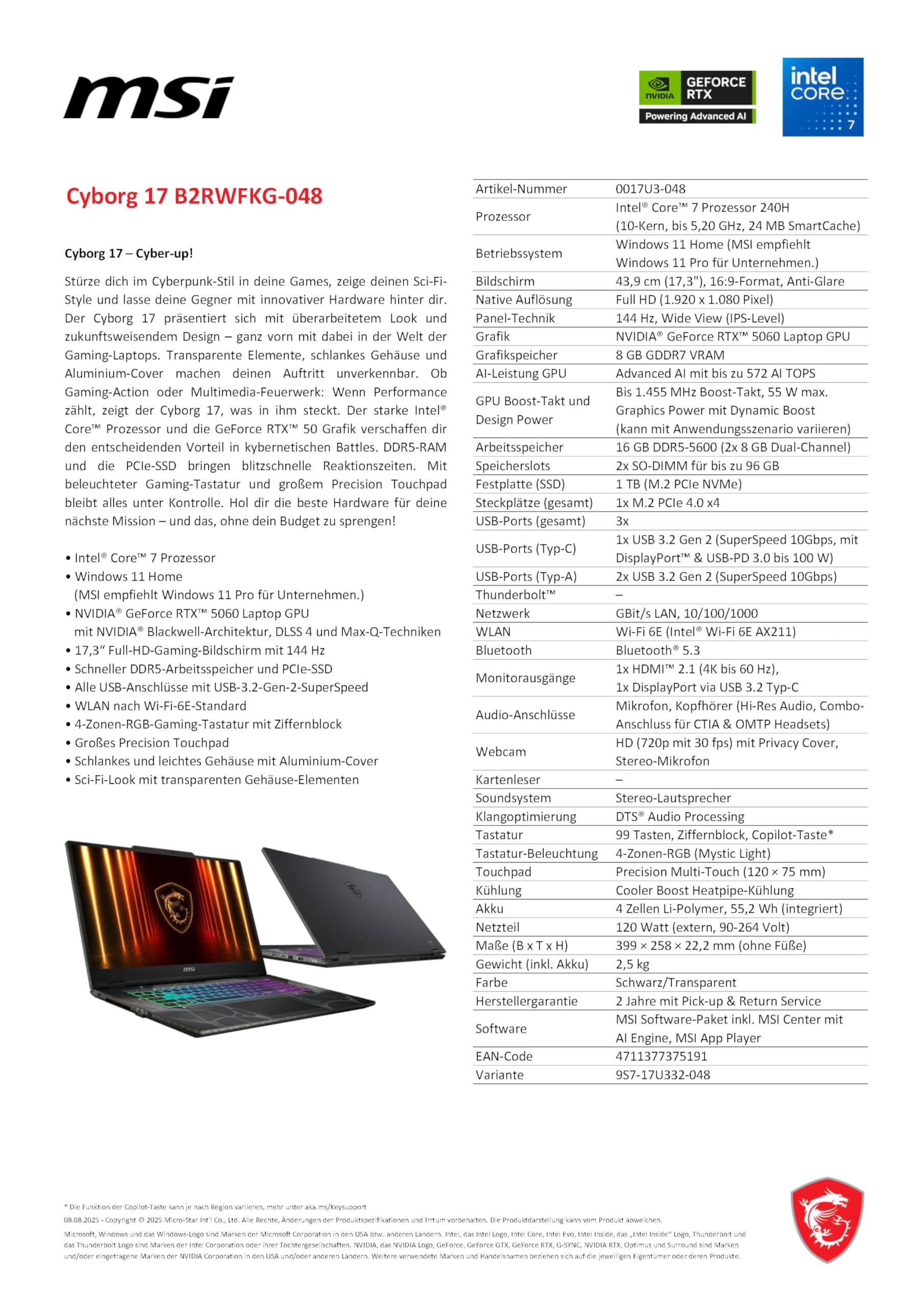 MSI Cyborg 17, Gaming-Laptop, 17,3" Full-HD 144 Hz Display, Intel Core 7 240H, NVIDIA GeForce RTX 5060, 16 GB DDR5, 1 TB SSD, Windows 11 Home, inkl. 1 Monat GamePass, B2RWFKG-048 Bild 5