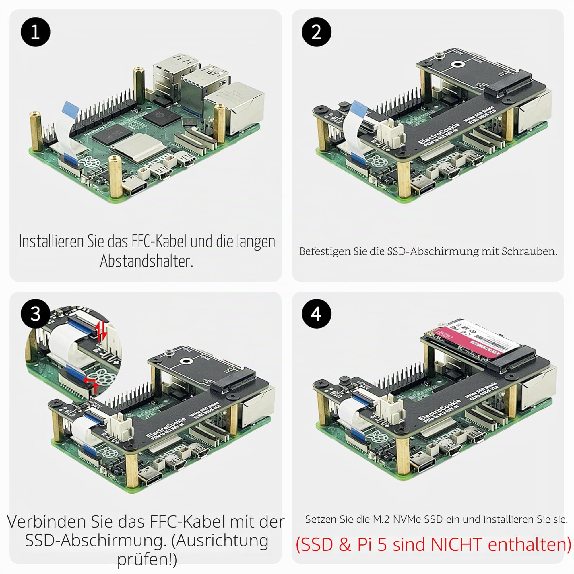 ELECTROCOOKIE PCIe auf M.2 NVMe SSD HAT Board für Raspberry Pi 5 - Aluminium, unterstützt Key-M 2230 & 2242 SSD Größen Bild 7