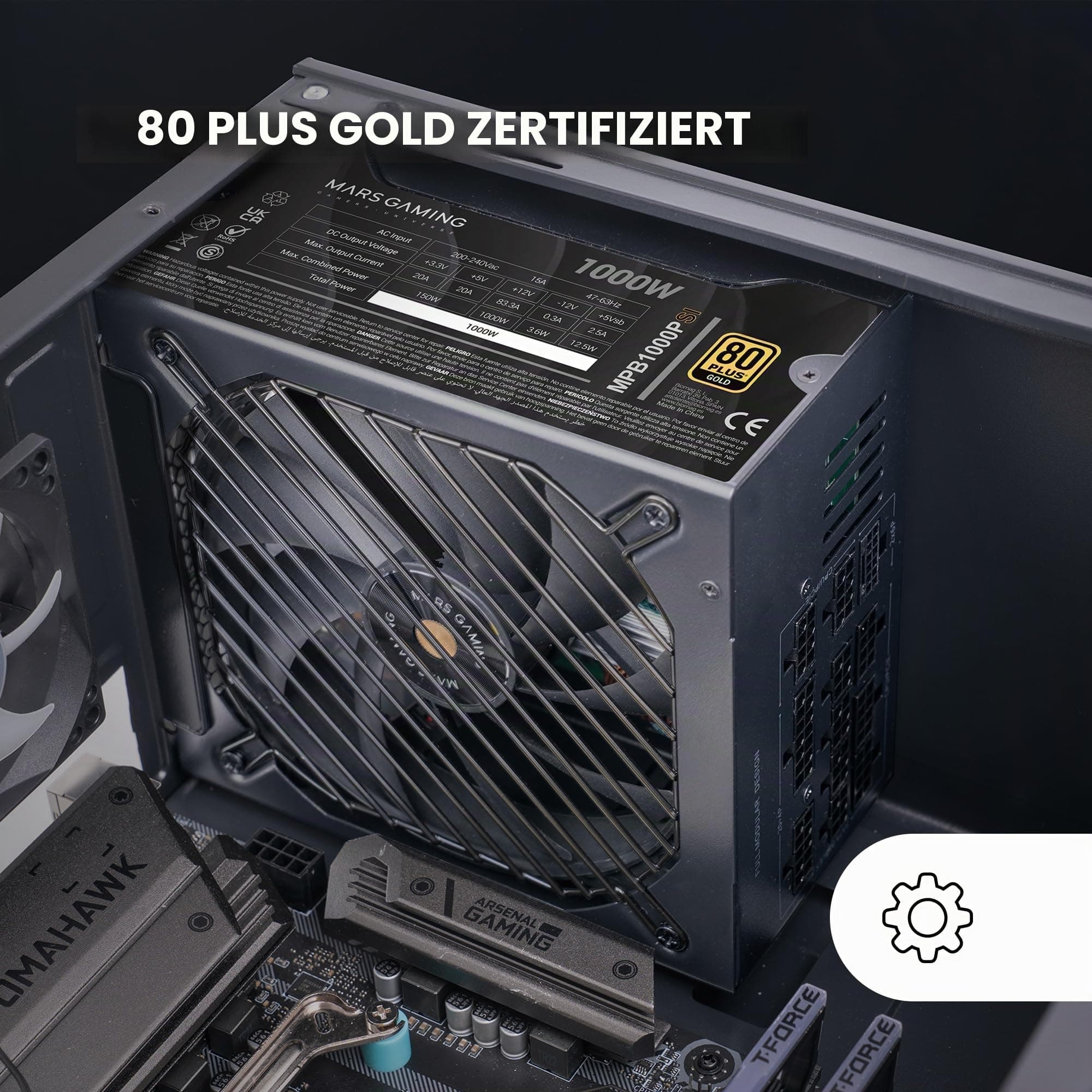 MARS GAMING MPB1000PSI, Vollmodulares ATX-Netzteil 1000W, 10 Jahre Garantie, 80Plus Gold 90%, SI-Lüfter 140mm, AI2-RPM, DC-DC und SMD Technologien, ATX 3.1 und PCIe 5.1 mit 12V 2x6 Anschluss, Schwarz Bild 5