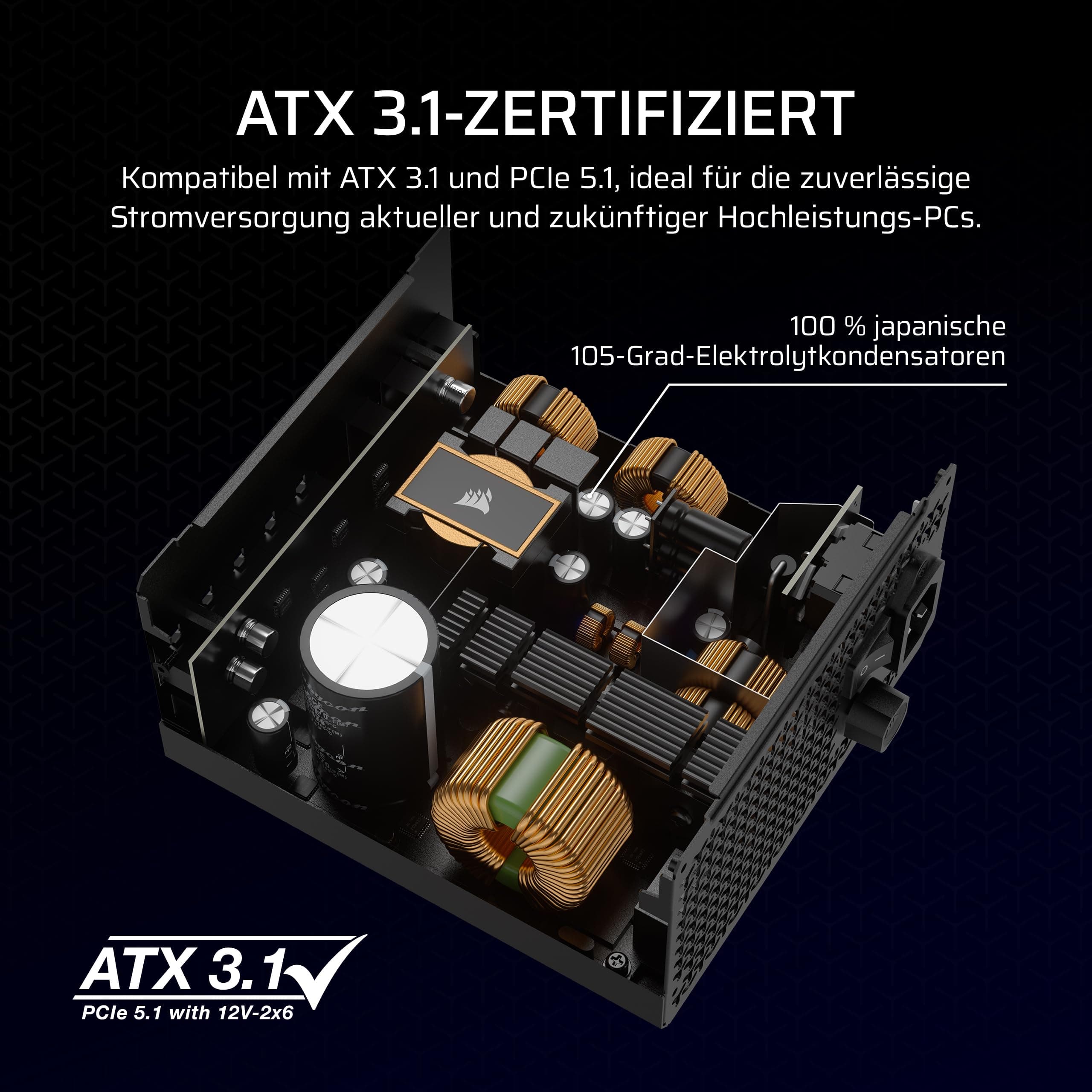CORSAIR RM750x Geräuscharmes Vollständig Modulares ATX-Netzteil – Zero RPM-Lüftermodus, ATX 3.1-Konform, PCIe 5.1-Unterstützung, Cybenetics Gold, Native 12V-2x6-Anschluss – Schwarz RMx (2024) ATX 3.1, PCIe 5.1 750W Bild 8