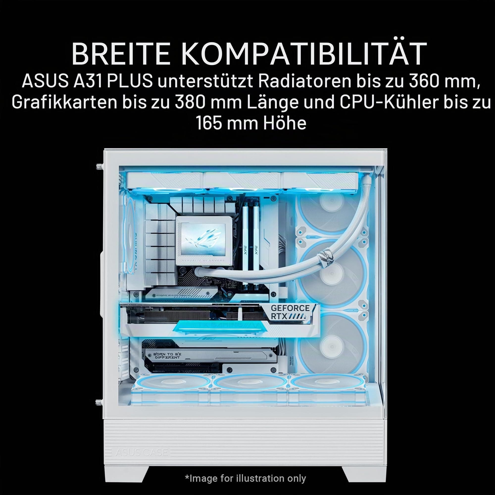 ASUS A31 Plus TG ARGB White ATX PC Gehäuse (vorinstallierte ARGB-Lüfter, Frontpanel aus Glas, kompatibel mit Mainboards mit versteckten Anschlüssen, 360-mm-Radiatoren, 380-mm-Grafikkarten, weiß) Bild 7