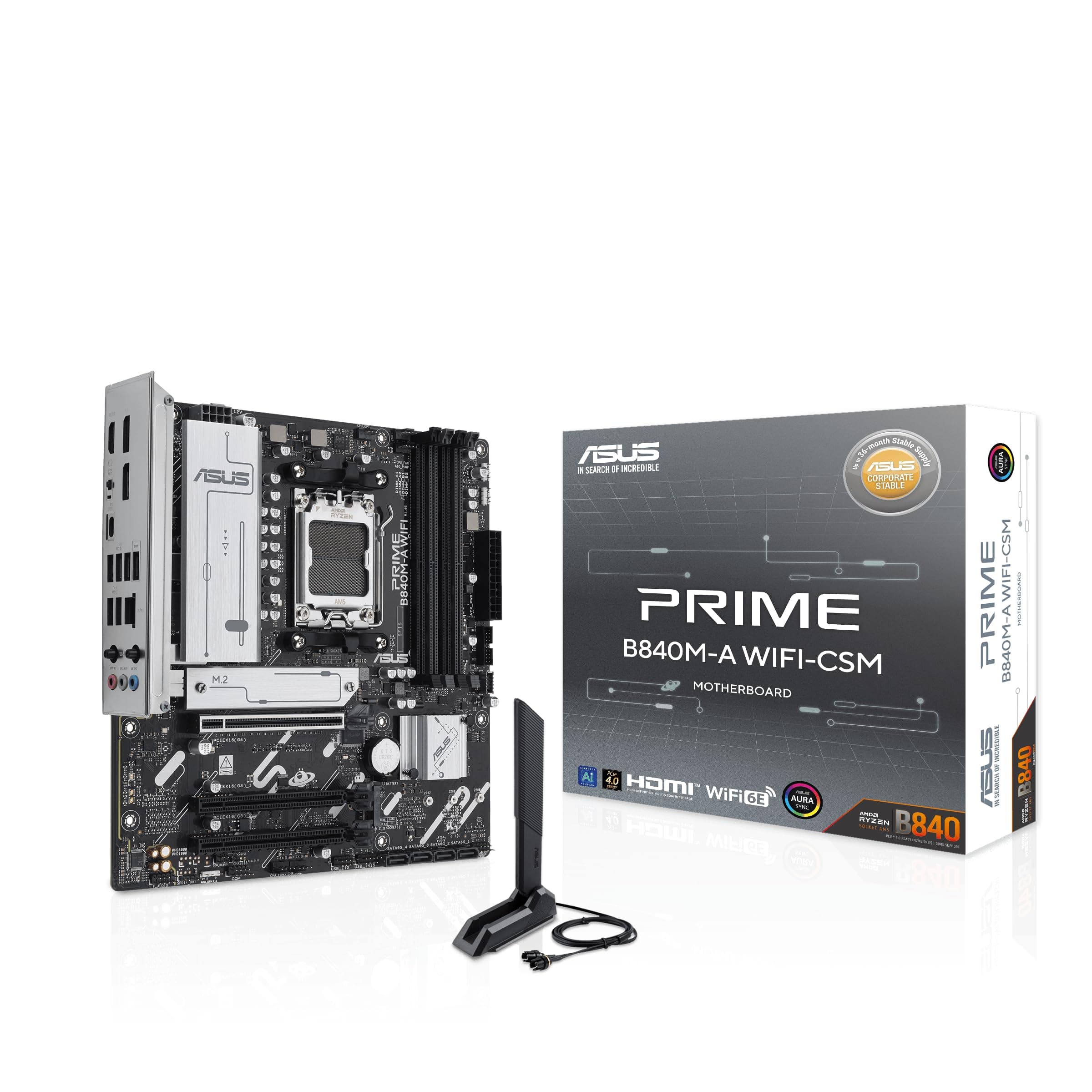 ASUS Prime B840M-A WiFi-CSM AMD AM5 B840 mATX Motherboard, Advanced AI Ready, DDR5, PCIe 4.0 Ready, 3xM.2 Slots, Wi-Fi 6E, 2.5Gb LAN, DisplayPort, HDMI, USB 5Gbps Type-C, BIOS Flashback, Aura Sync Bild 2